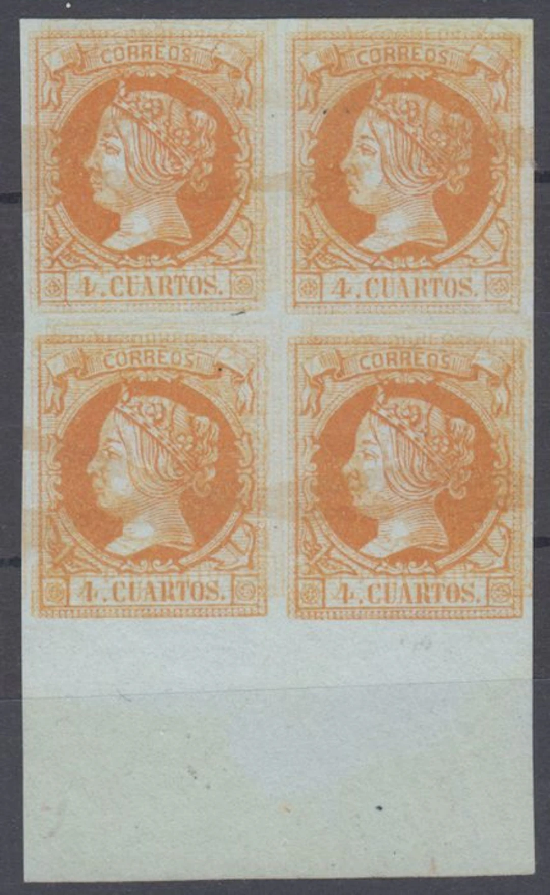 Spain 1860/1861 - Isabel II. 4 quarters, orange on green. - Edifil 52ED B4
