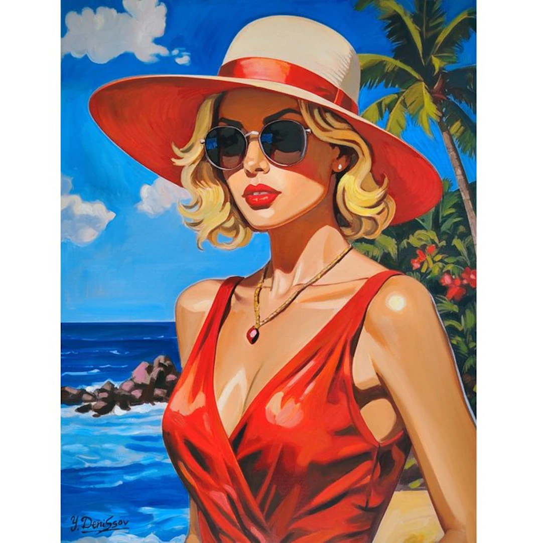 Yuri Denissov - Beautiful Lady in a hat on the shore