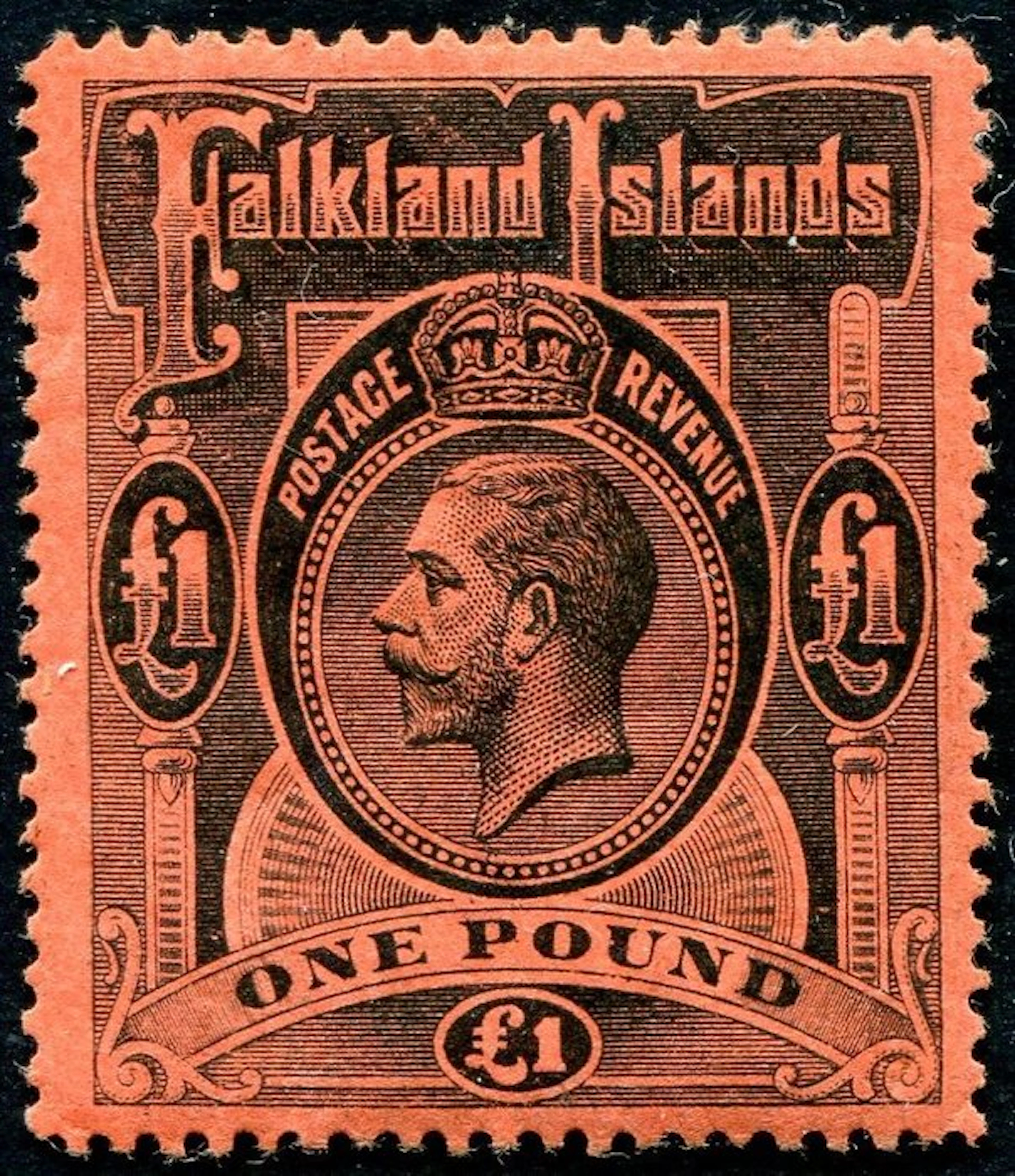 Falkland Islands 1912 - George V, £ 1, black on red - SG 69