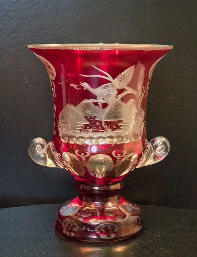Vase - Antique Bohemian Ruby Cut to Clear Glass Medici Vase