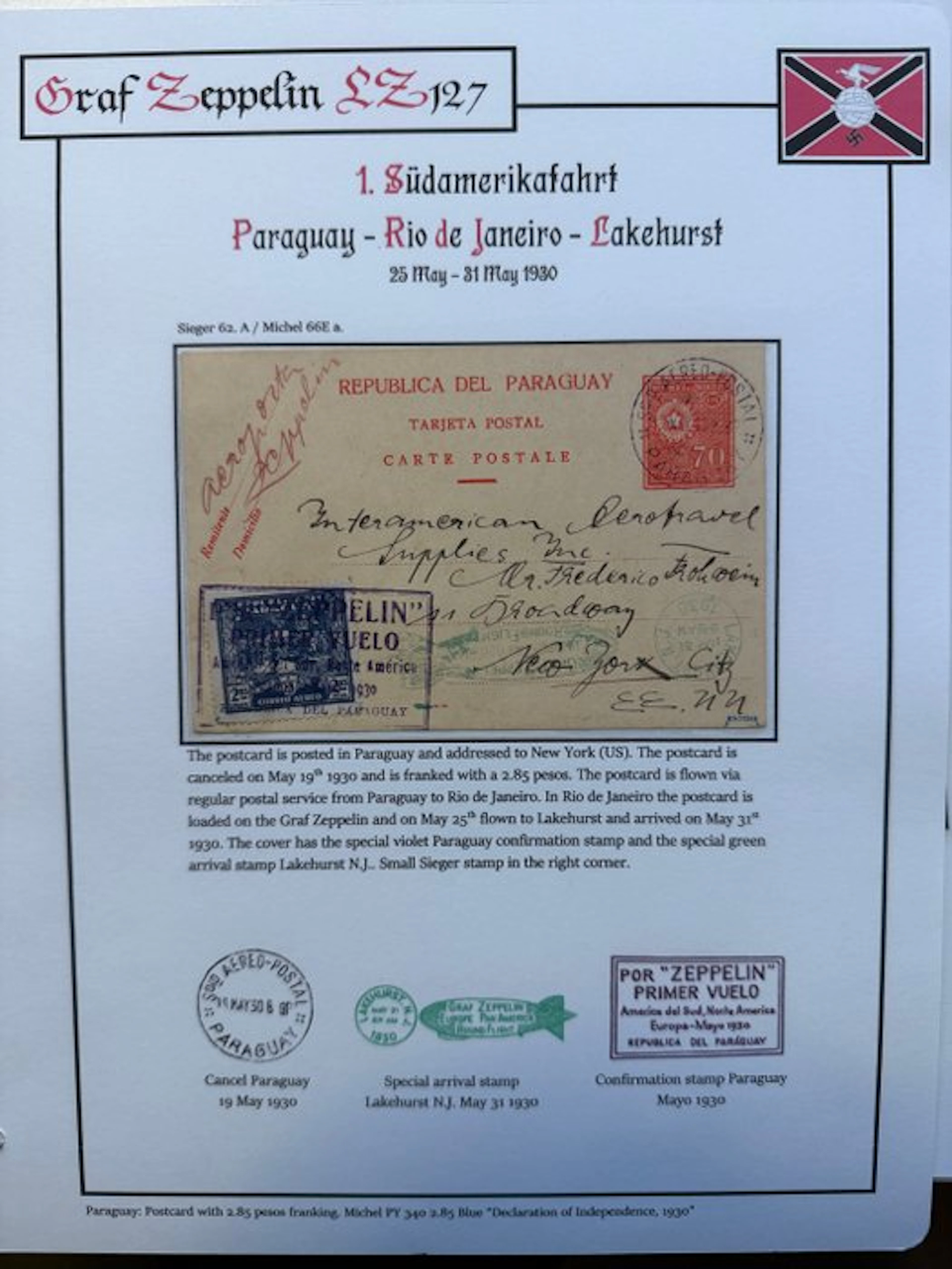 Paraguay 1930 - Graf Zeppelin LZ127: 1st South American...
