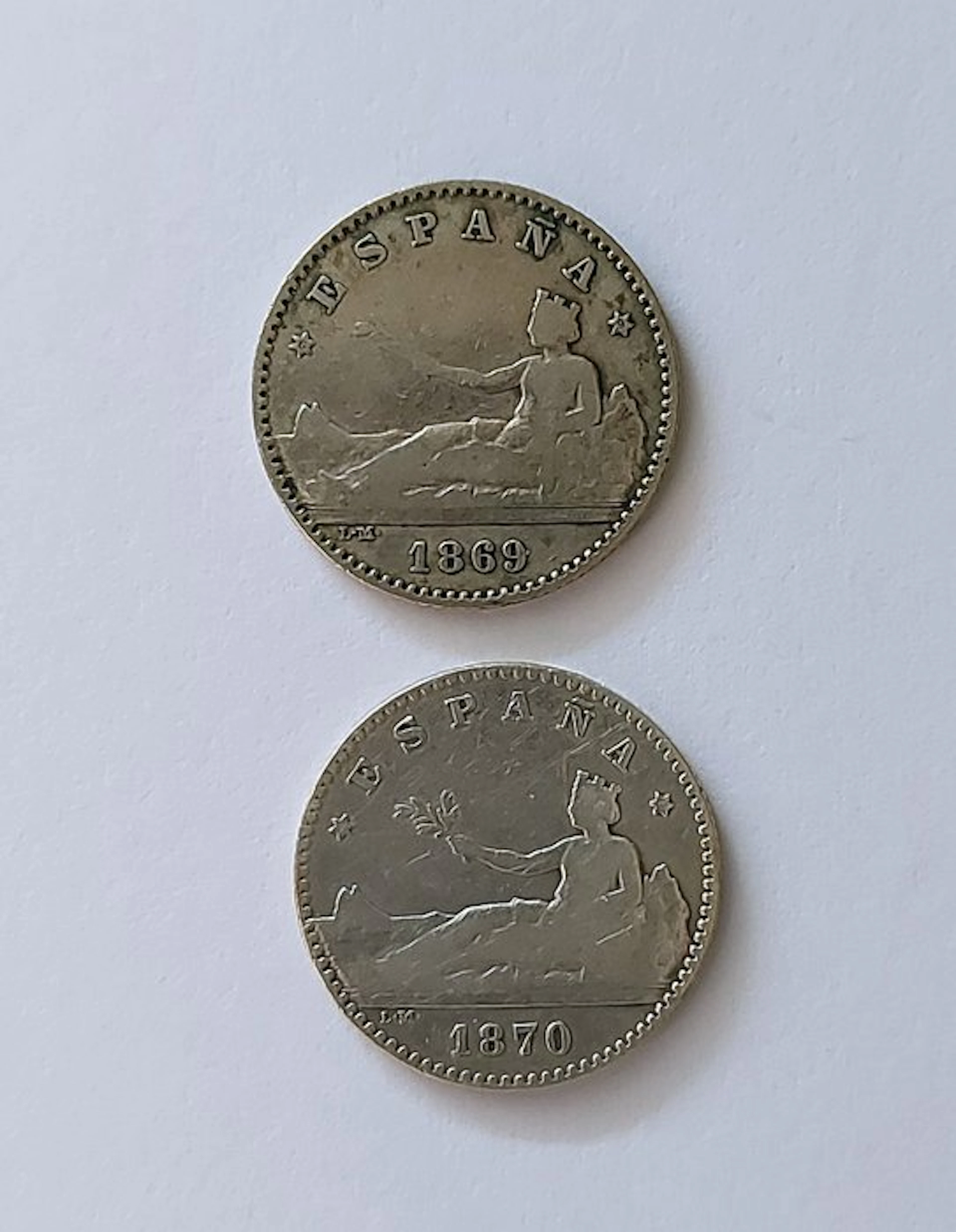 Spain. Gobierno Provisional. 1 Peseta 1869/1870 (2 monedas) (No reserve price)