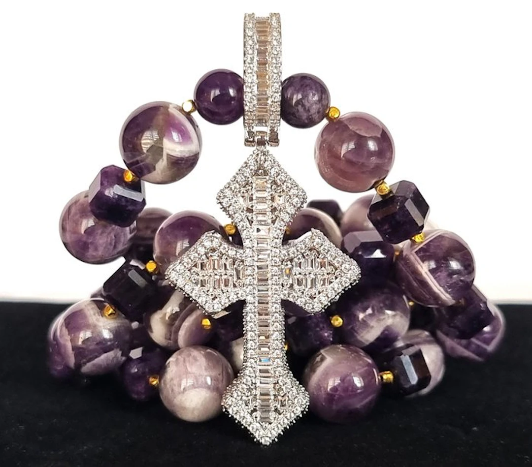 Amethyst - Christian necklace - lobed cross with a...