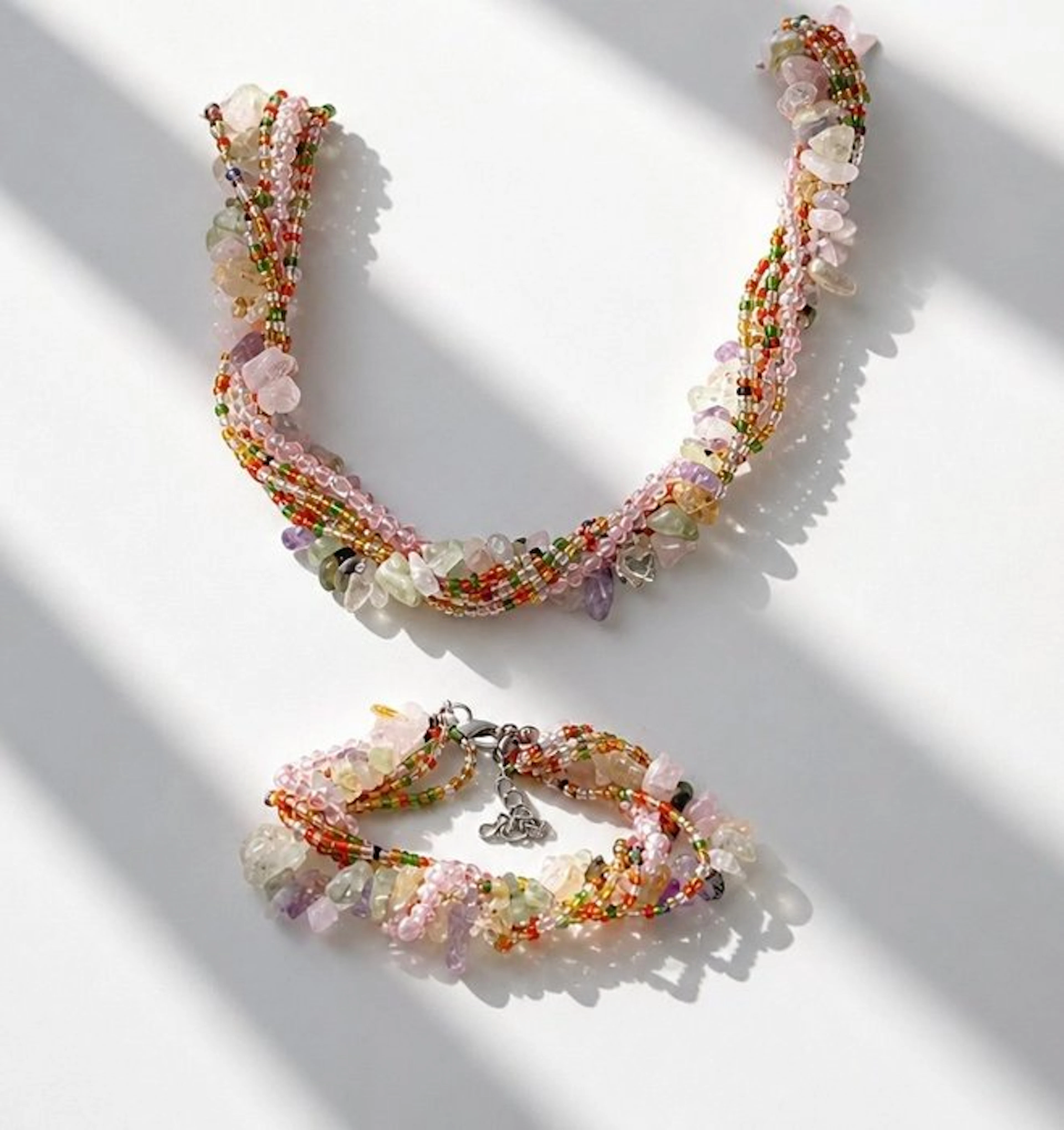 Six-row necklace & bracelet with MULTI-GEMSTONE...