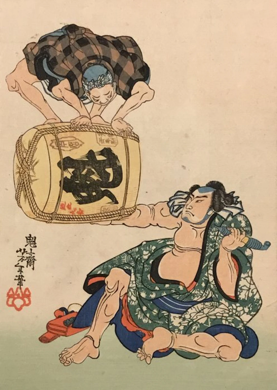 "Afbeelding van Rakan no Takezō met een sakévat"...