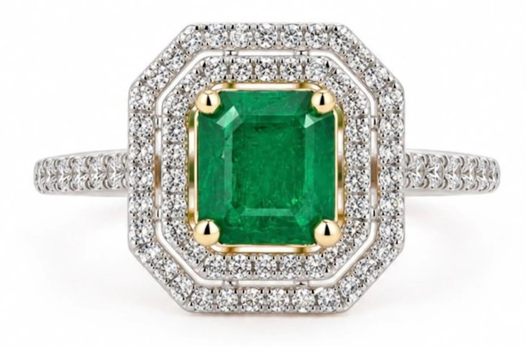 No reserve price - Ring - 14 kt. Yellow gold - 1.47ct. tw. Emerald - Diamond