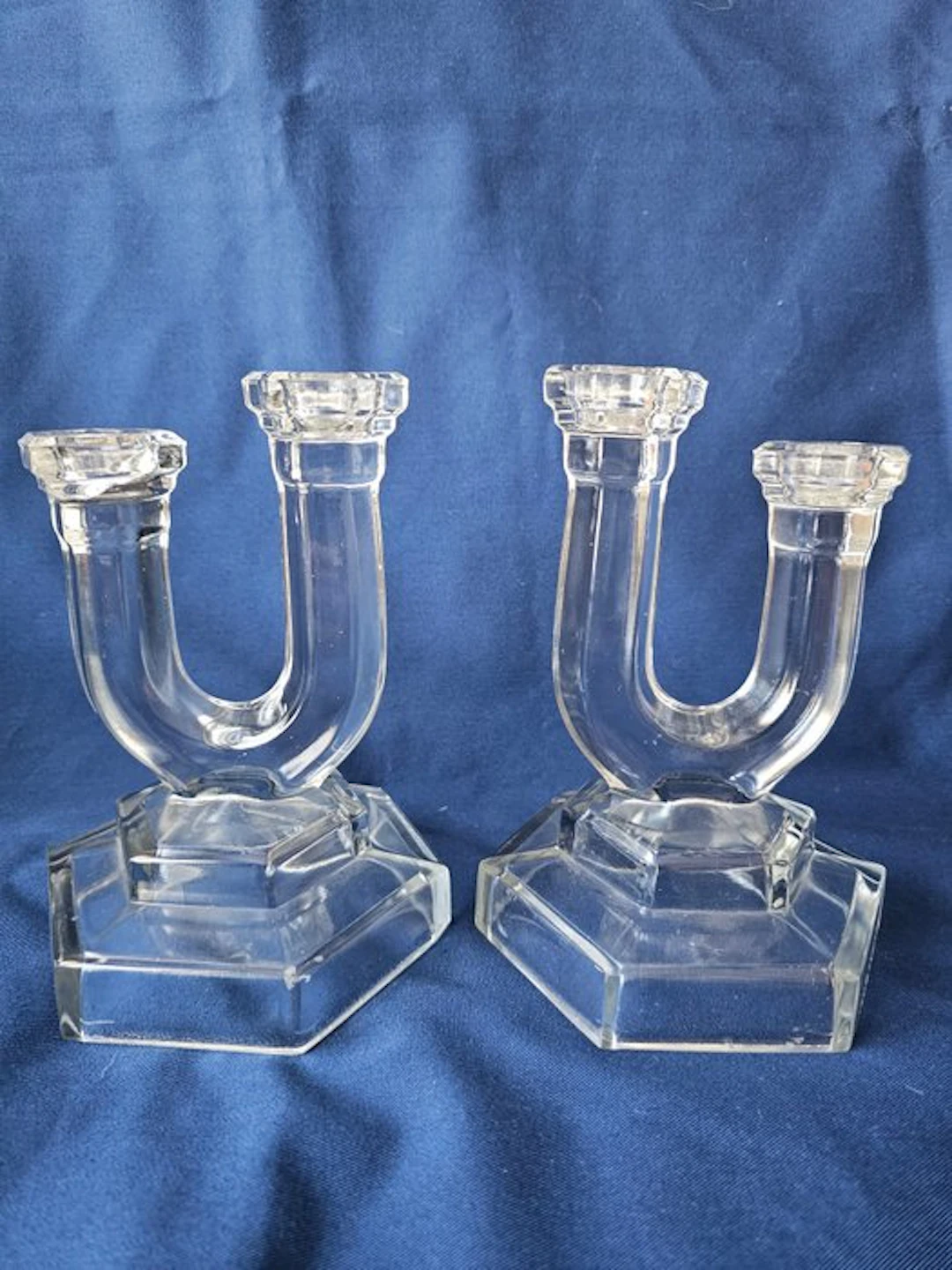 Rudolfova Hut - Candleholder (2) - Pressed glass - Art Deco Candlesticks