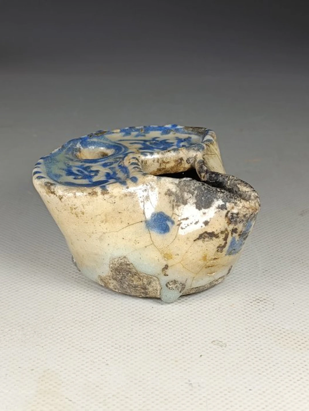 Oil lamp - Oil lamp or miniature ceramic inkwell painted blue under glaze