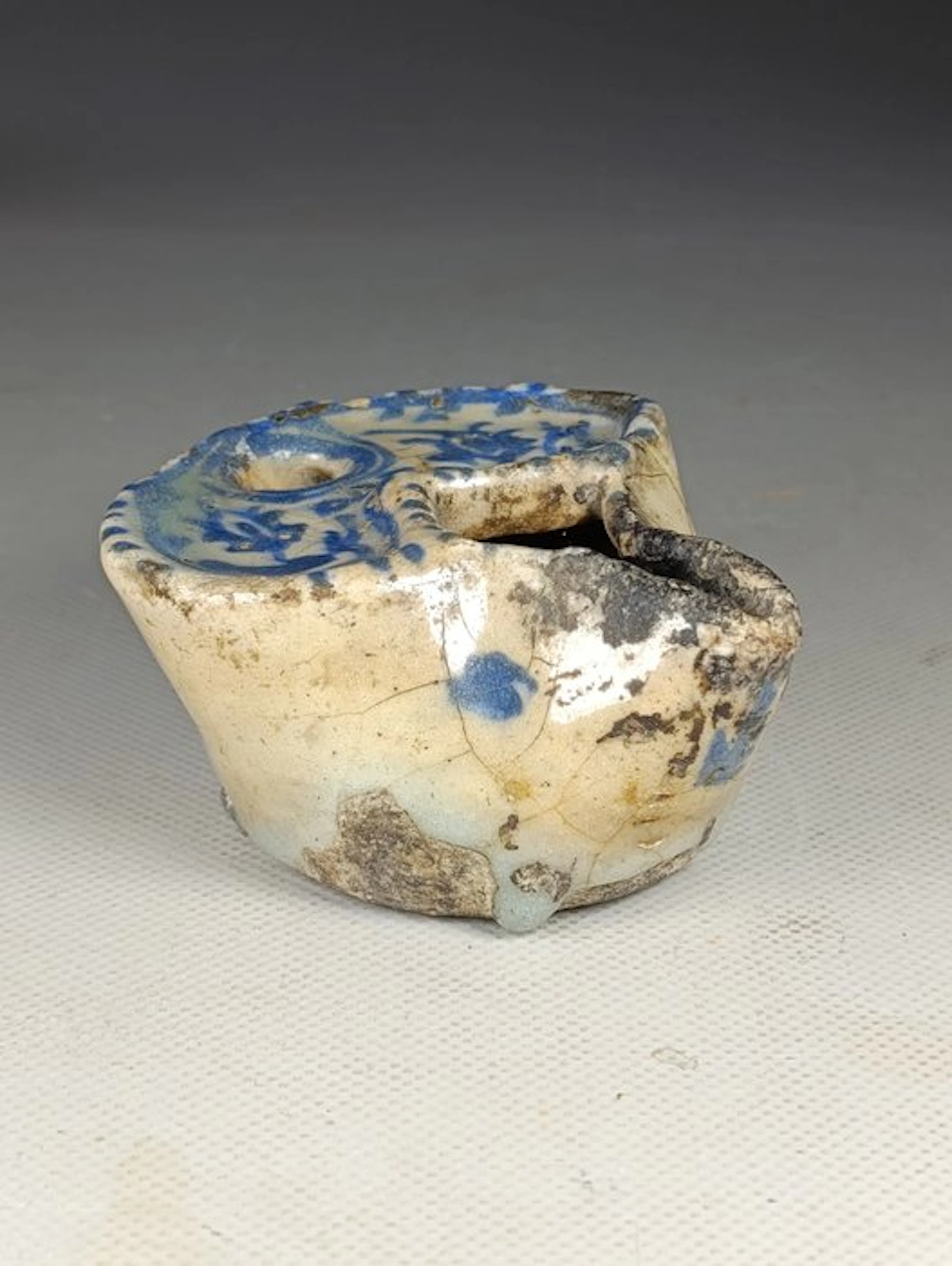 Oil lamp - Oil lamp or miniature ceramic inkwell painted blue under glaze
