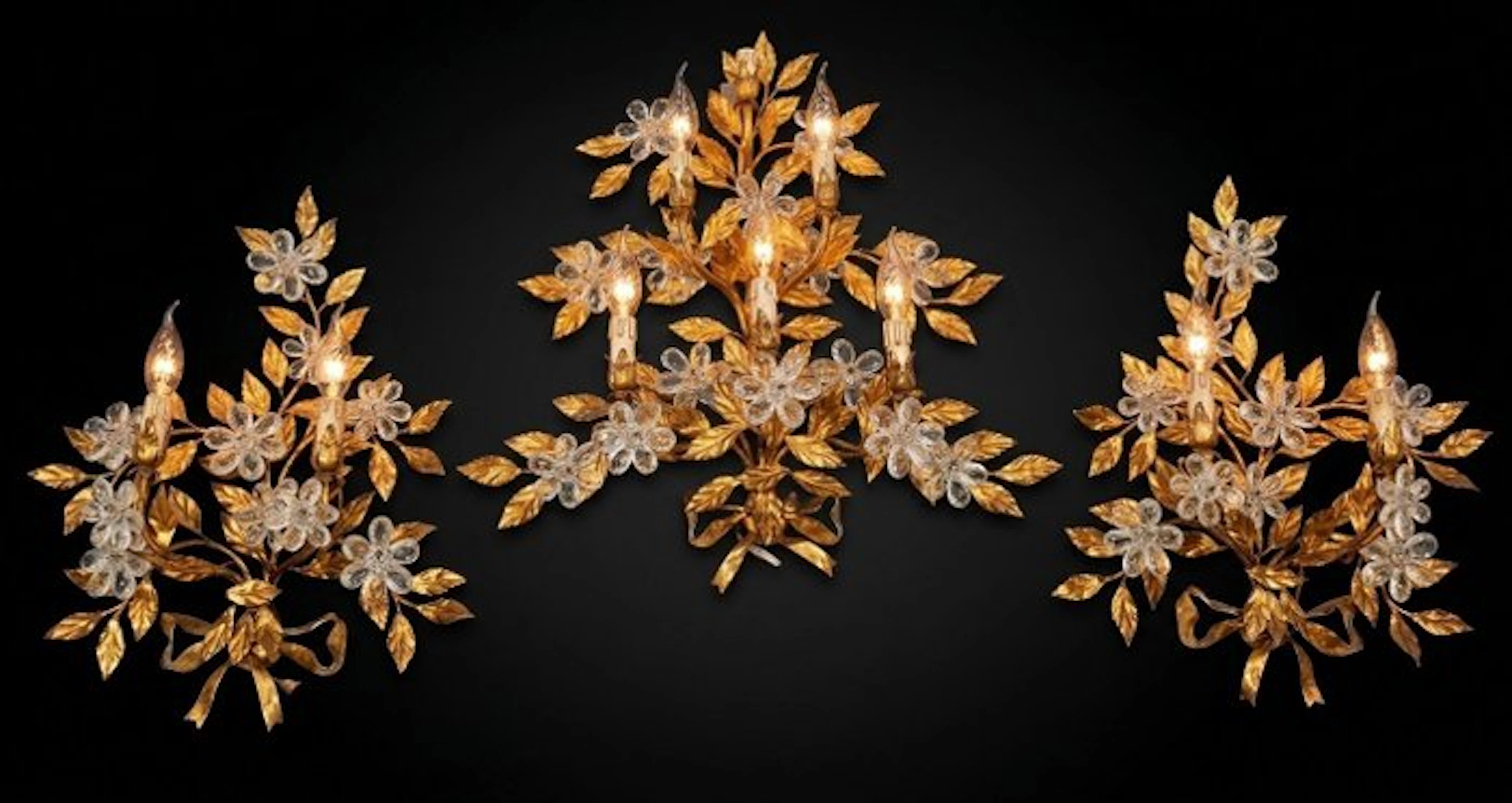Wall sconce (3) - golden metal - Set of 3 wall sconces