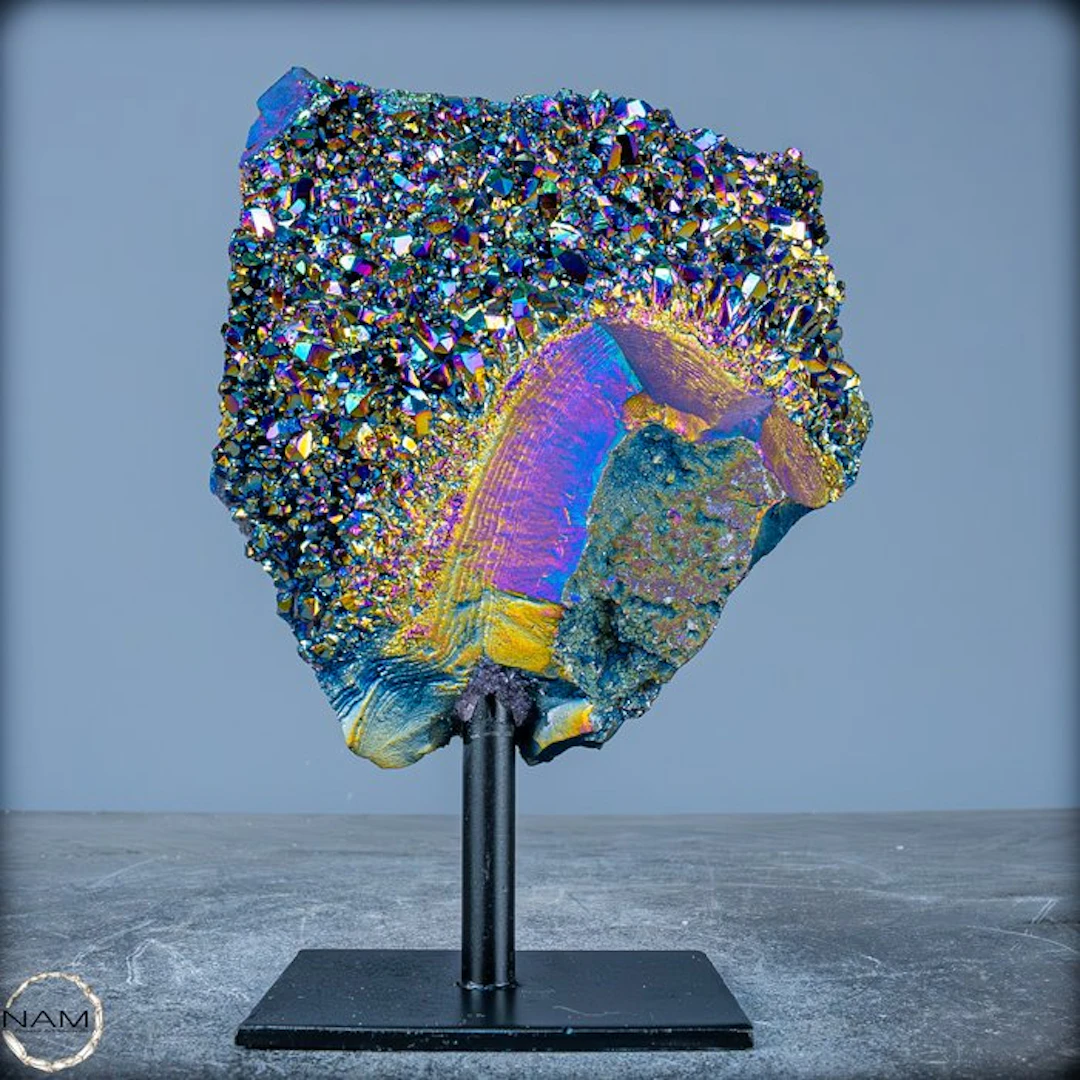 Very Rare Rainbow Aura Amethyst - Quartz on Stand- 1129.21 g