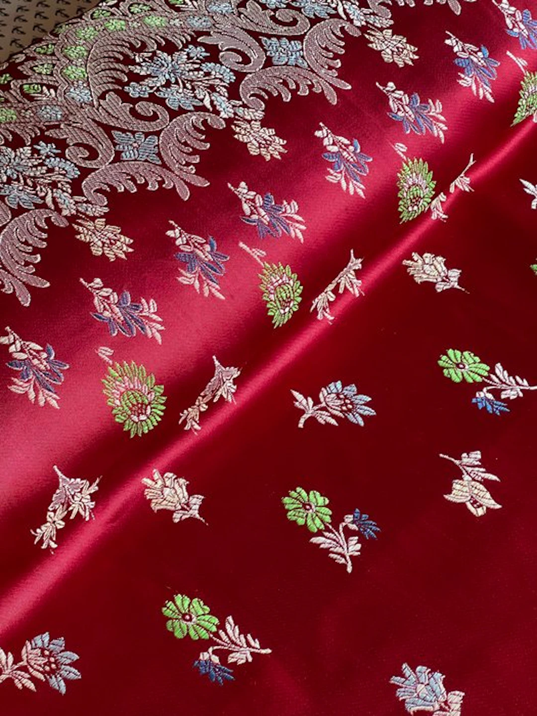 ** Burgundy damask silk bedspread