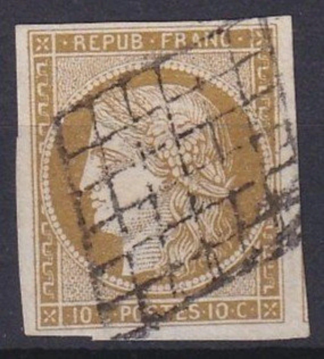 France 1850 - Cérès 10c bistre-verdâtre foncé - Yvert n°1c