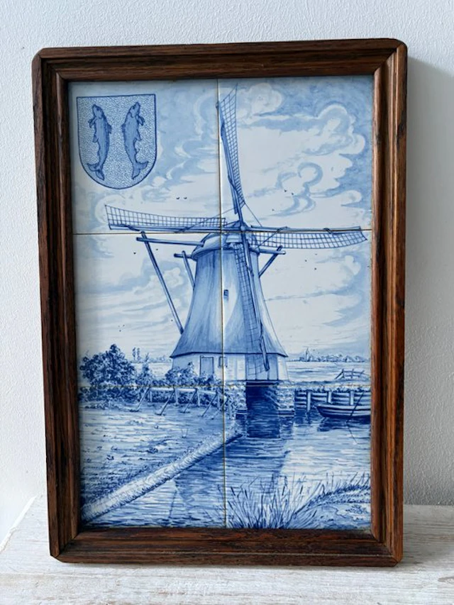 Tile (6) - Almkerk coat of arms + Dutch landscape - 1979