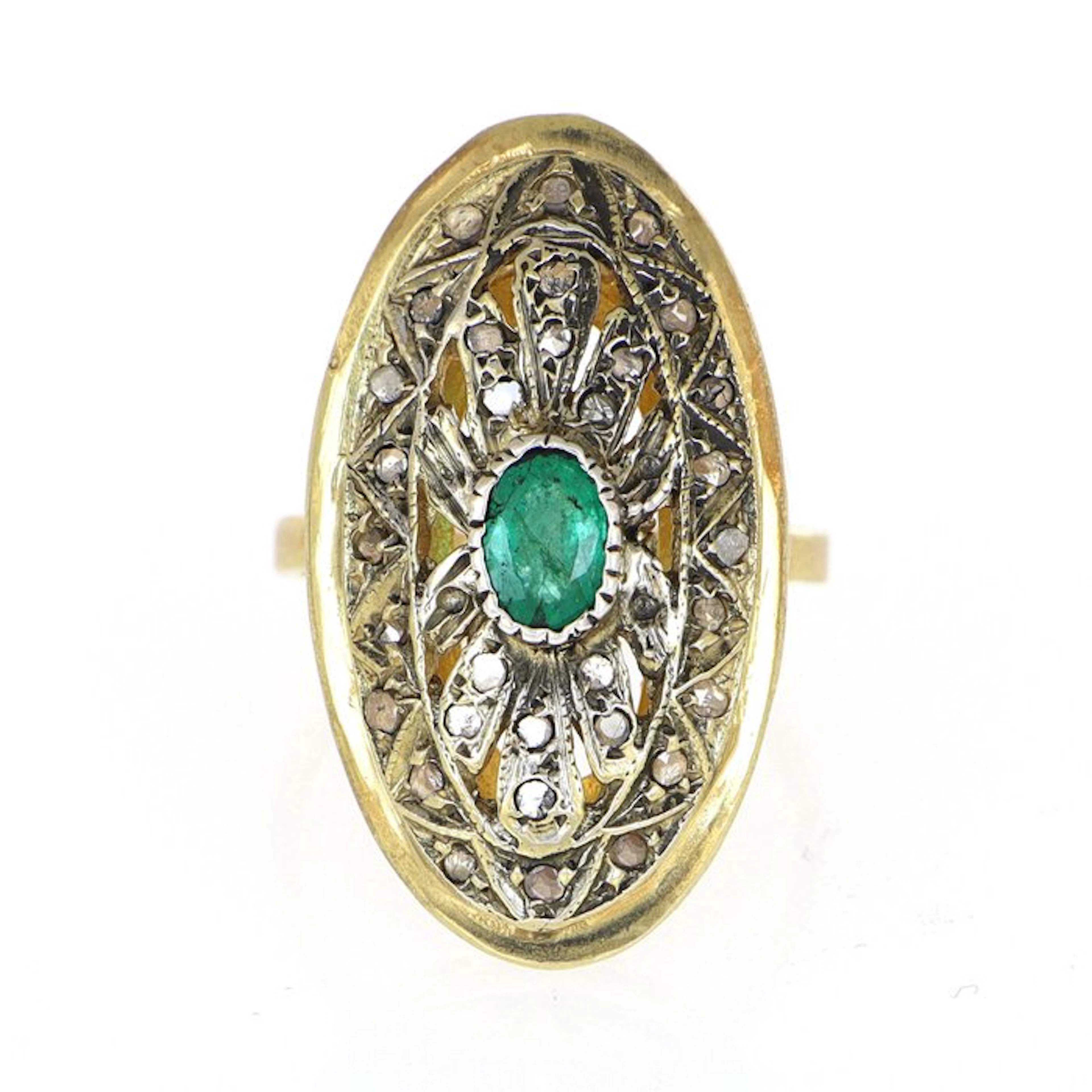 No reserve price - Ring - 12 kt. Yellow gold, Silver Emerald - Diamond