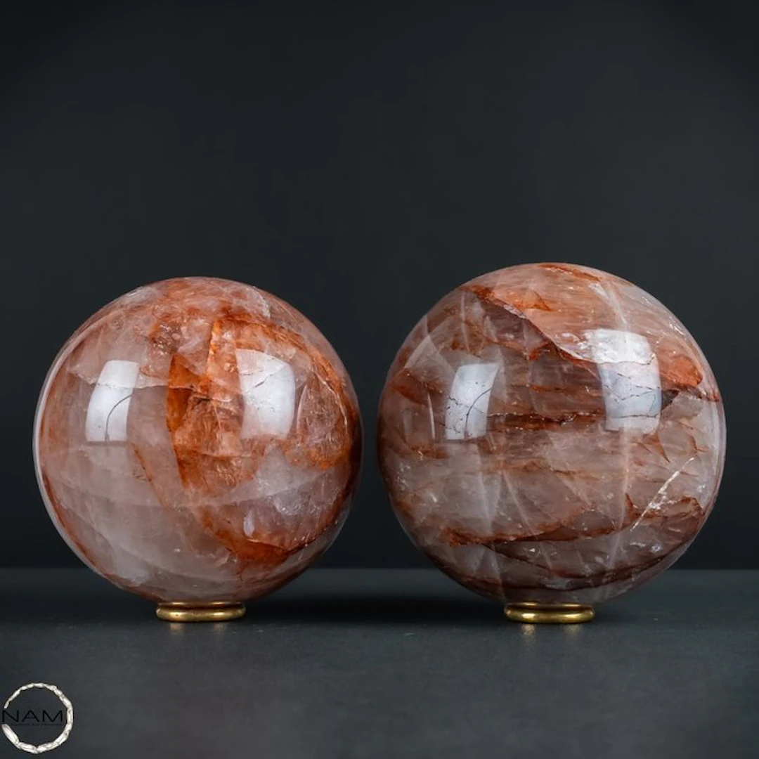Fire Quartz Sphere Duo – Natural Pattern & Warm Tones -- 2924.14 g - (2)