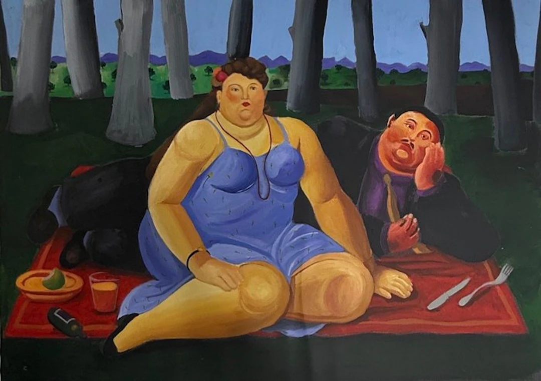 Tran Van khoa (1997) - Le Déjeuner sur l'herbe 87 x 120 cm - Hommage Botero