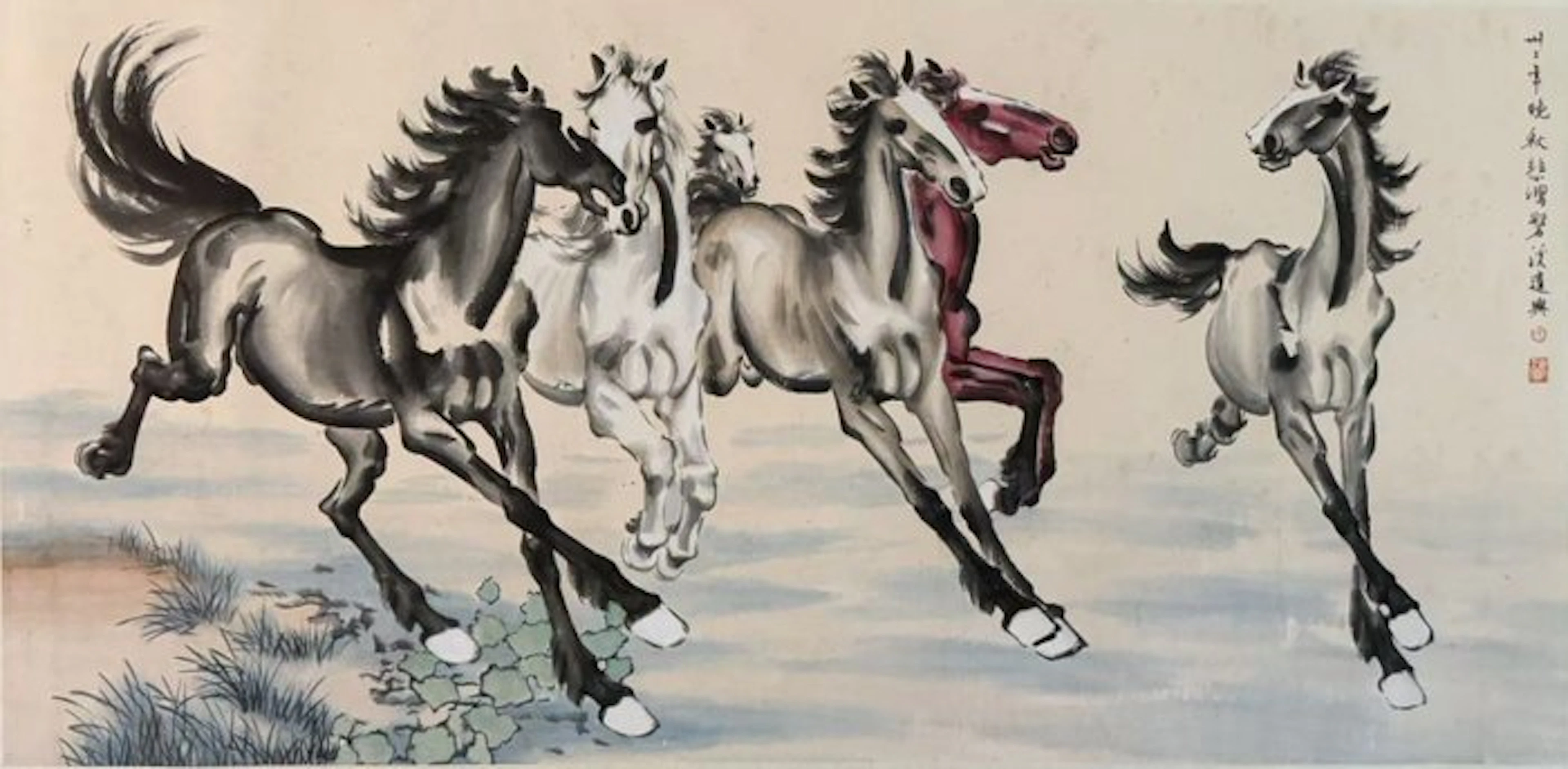 INK AND COLOR ON PAPER PAINTING"Landscape"《六骏图》 - Attributed to - China