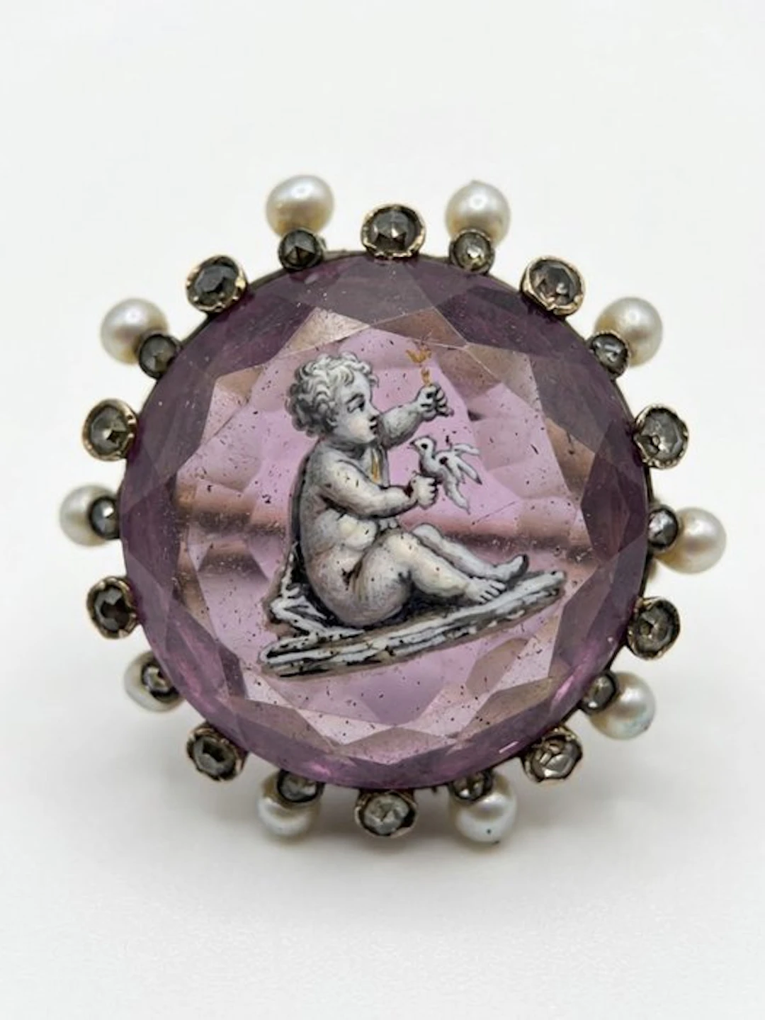 Jewellery pin - 18 kt. Yellow gold, Pearl Amethyst - Diamond - Rare item
