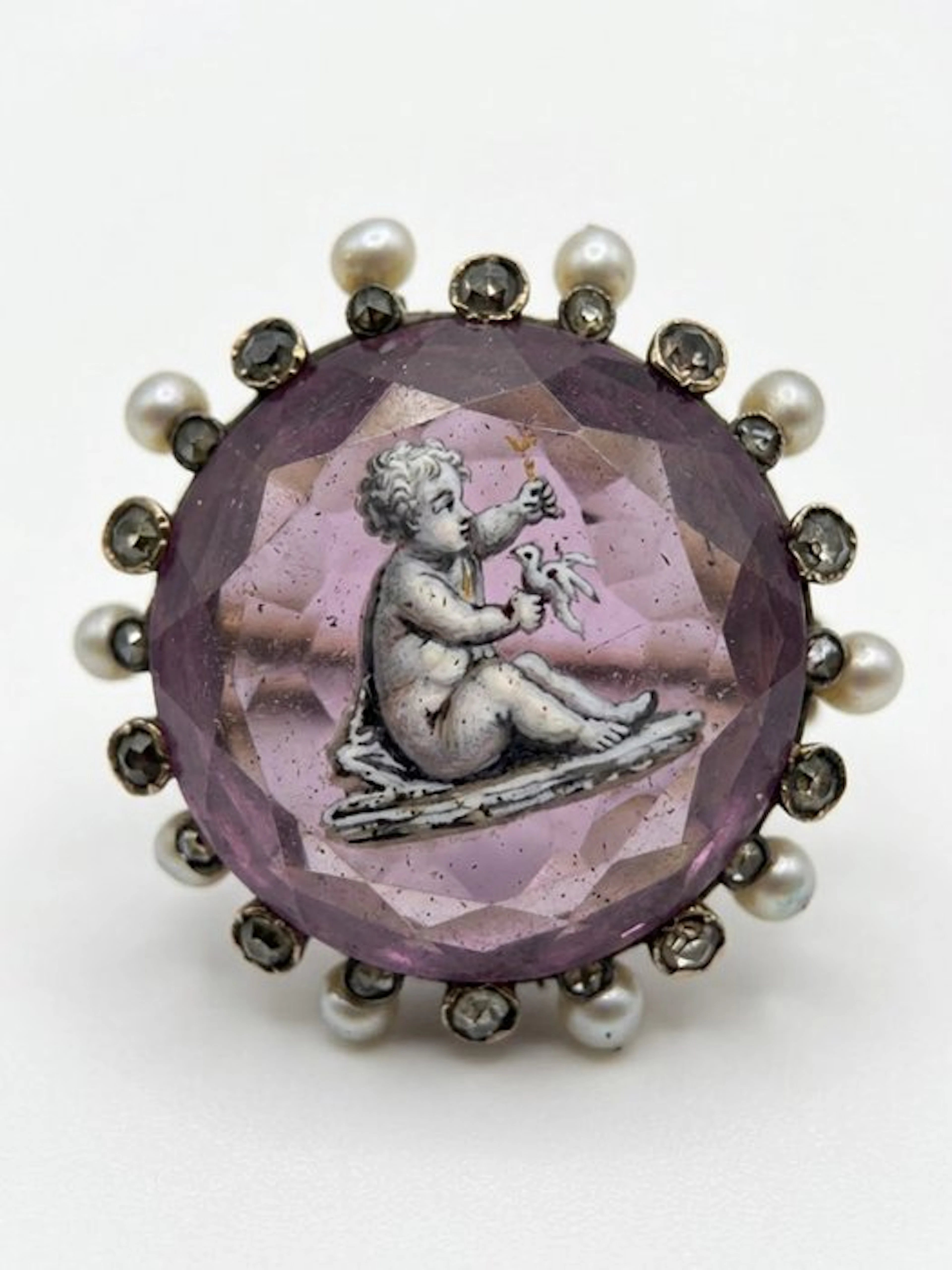 Jewellery pin - 18 kt. Yellow gold, Pearl Amethyst - Diamond - Rare item