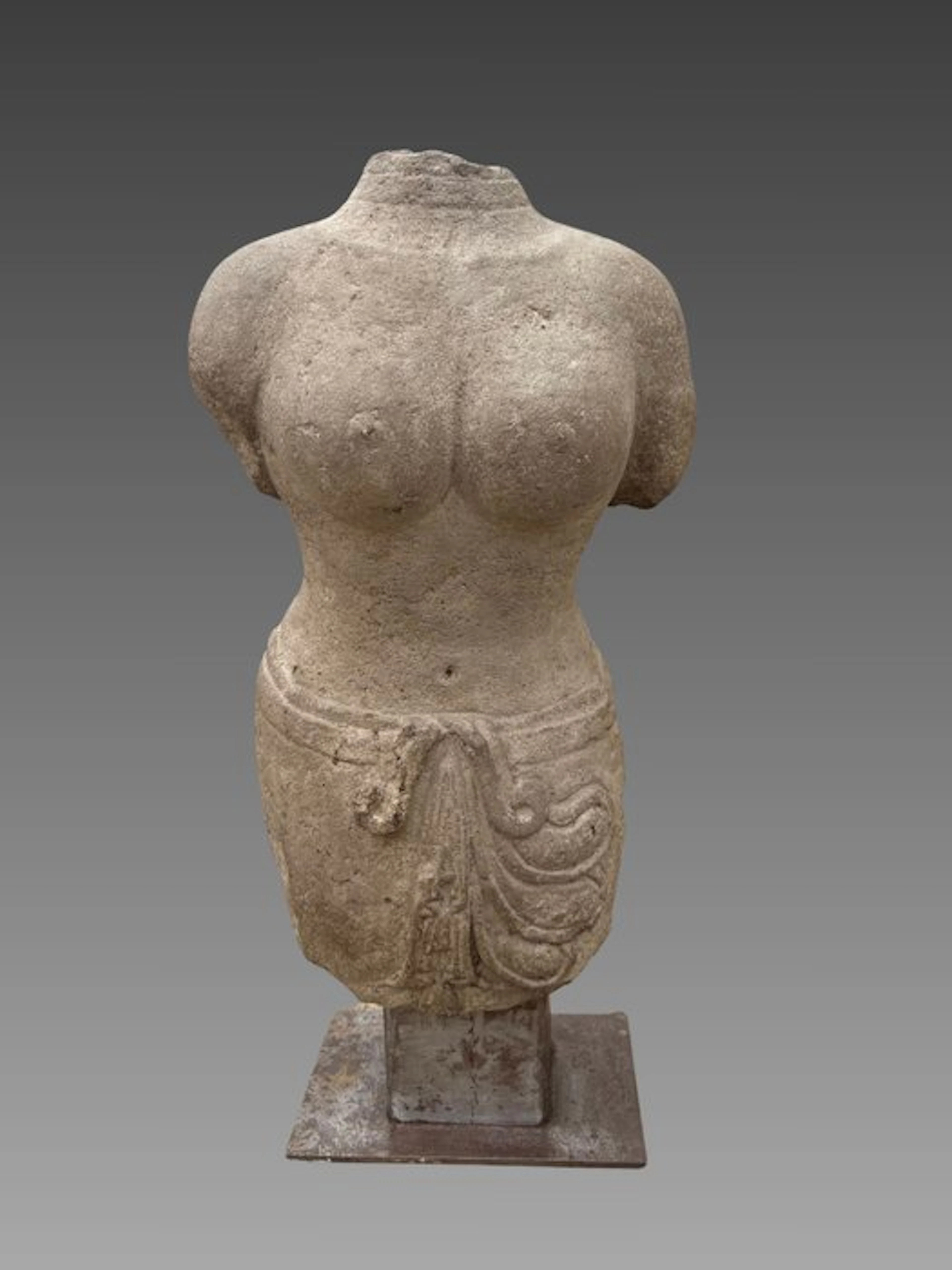 Ancient Khmer Stoneware Bust of a Khmer female deity, 10th–12th century