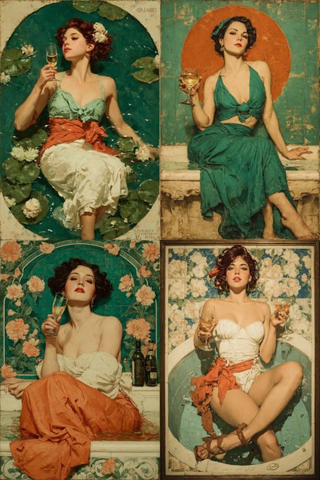 CREATIVE_HUB - Lot of 4 cm 50 x 75 each - Art nouveau woman enjoy Champagne