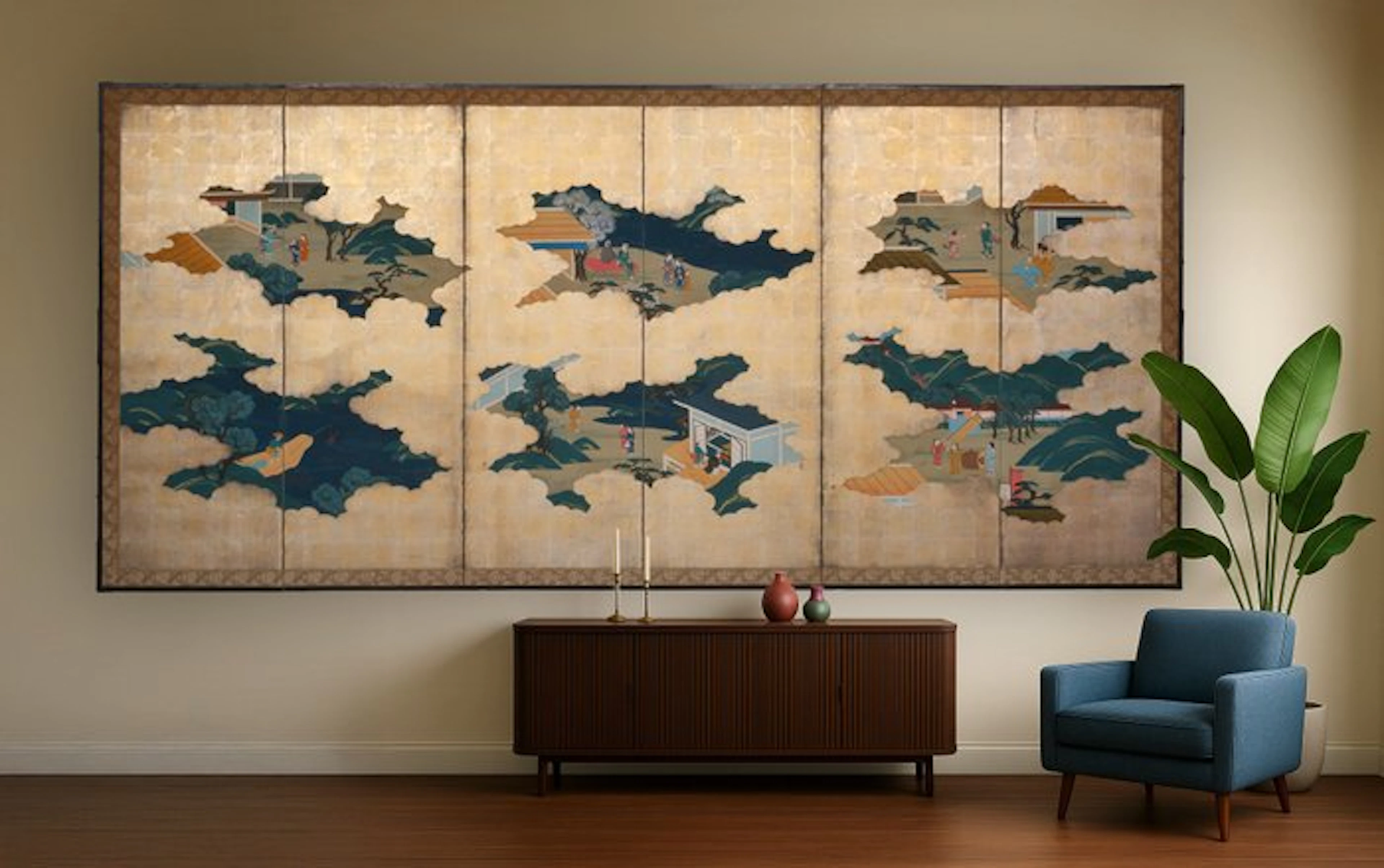 Byôbu 屏風 (folding screen) with festive scenes - Lacquered wood