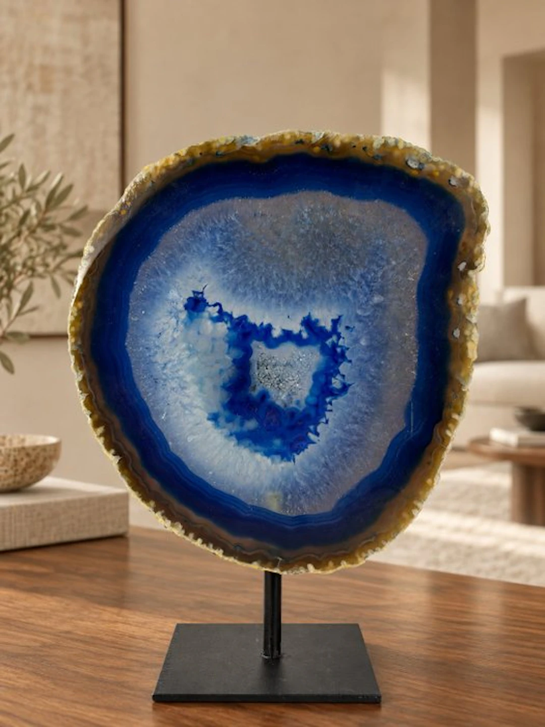 Rare blue Agate - rock crystal geode on stand Geode...
