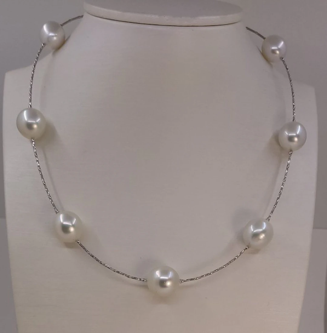 Necklace - 18 kt. White gold, ALGT Certified White South Sea Pearls - 12x14mm