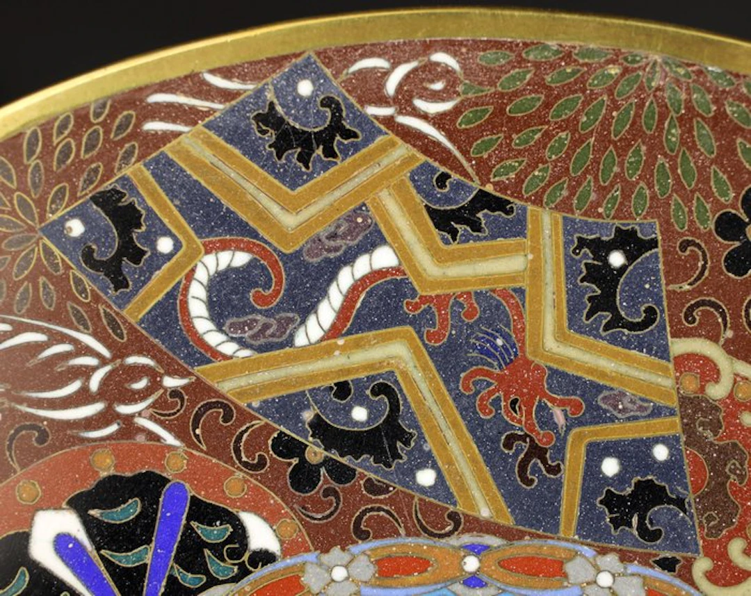 Museum-piece Meiji cloisonné dust plate with sparrows