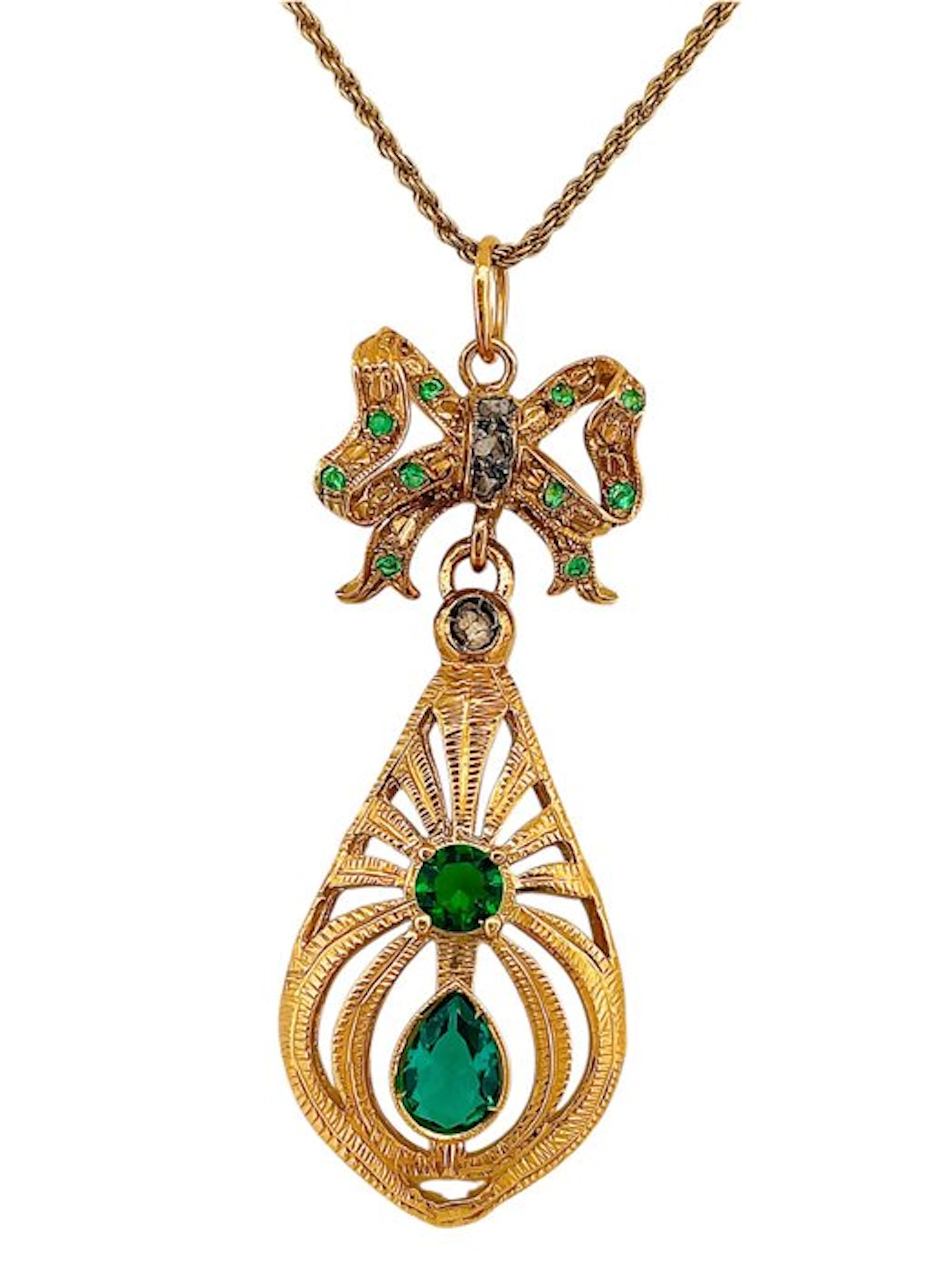 No reserve price - Necklace - 9 kt. Yellow gold, Silver Emerald - Diamond