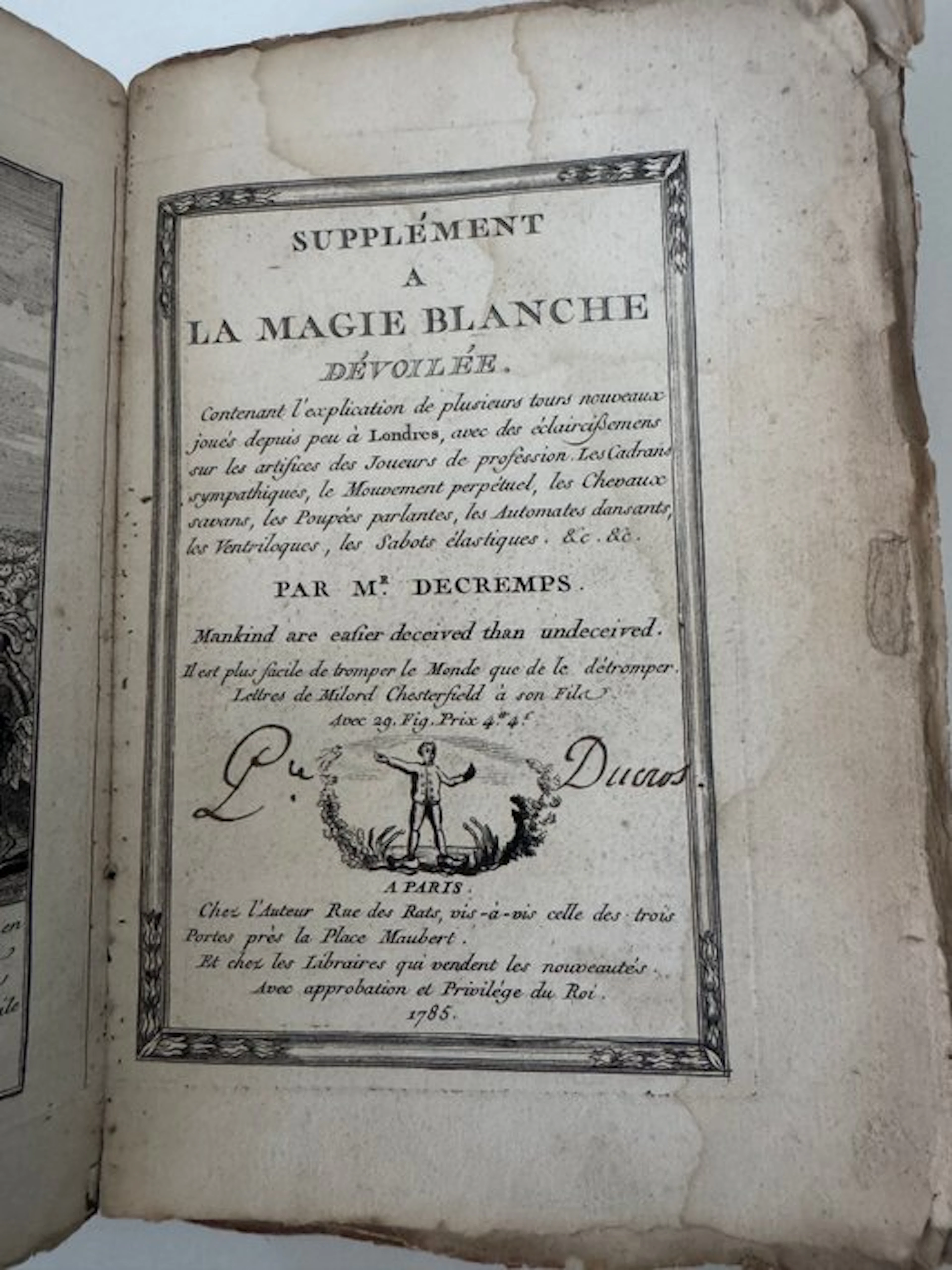 Signed; Decremps (Henri). - Supplément à la Magie blanche dévoilée - 1785