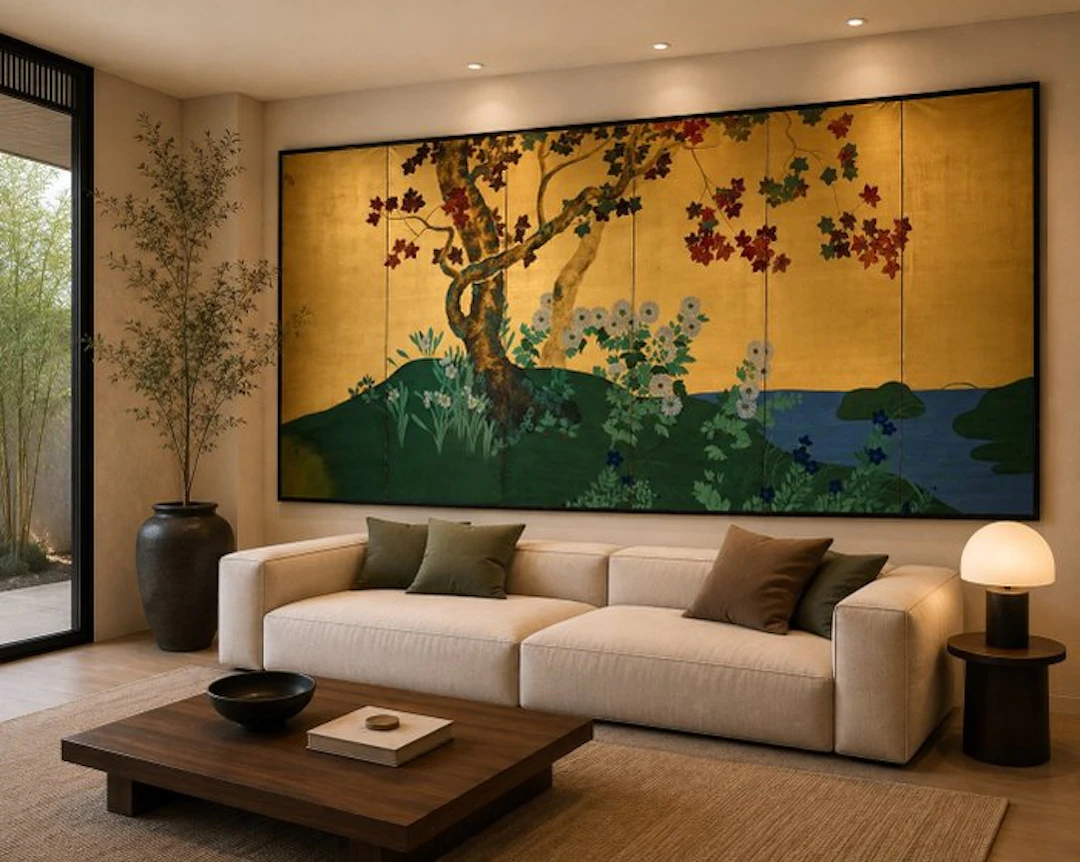 A six-panel silk folding screen with maple tree and autumn flowers - Silk