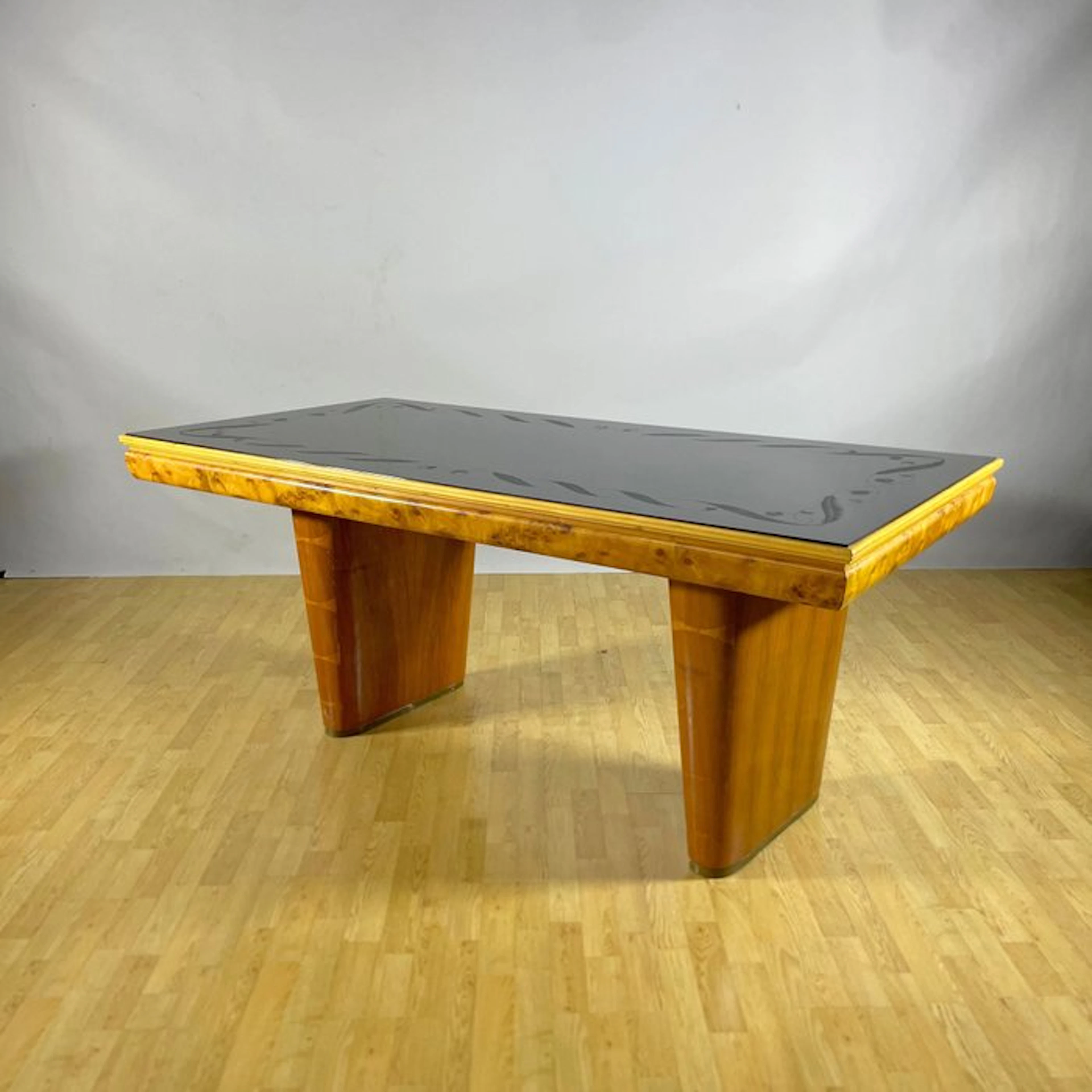 Table - Burr walnut, Glass - Floreal Decorated Glass