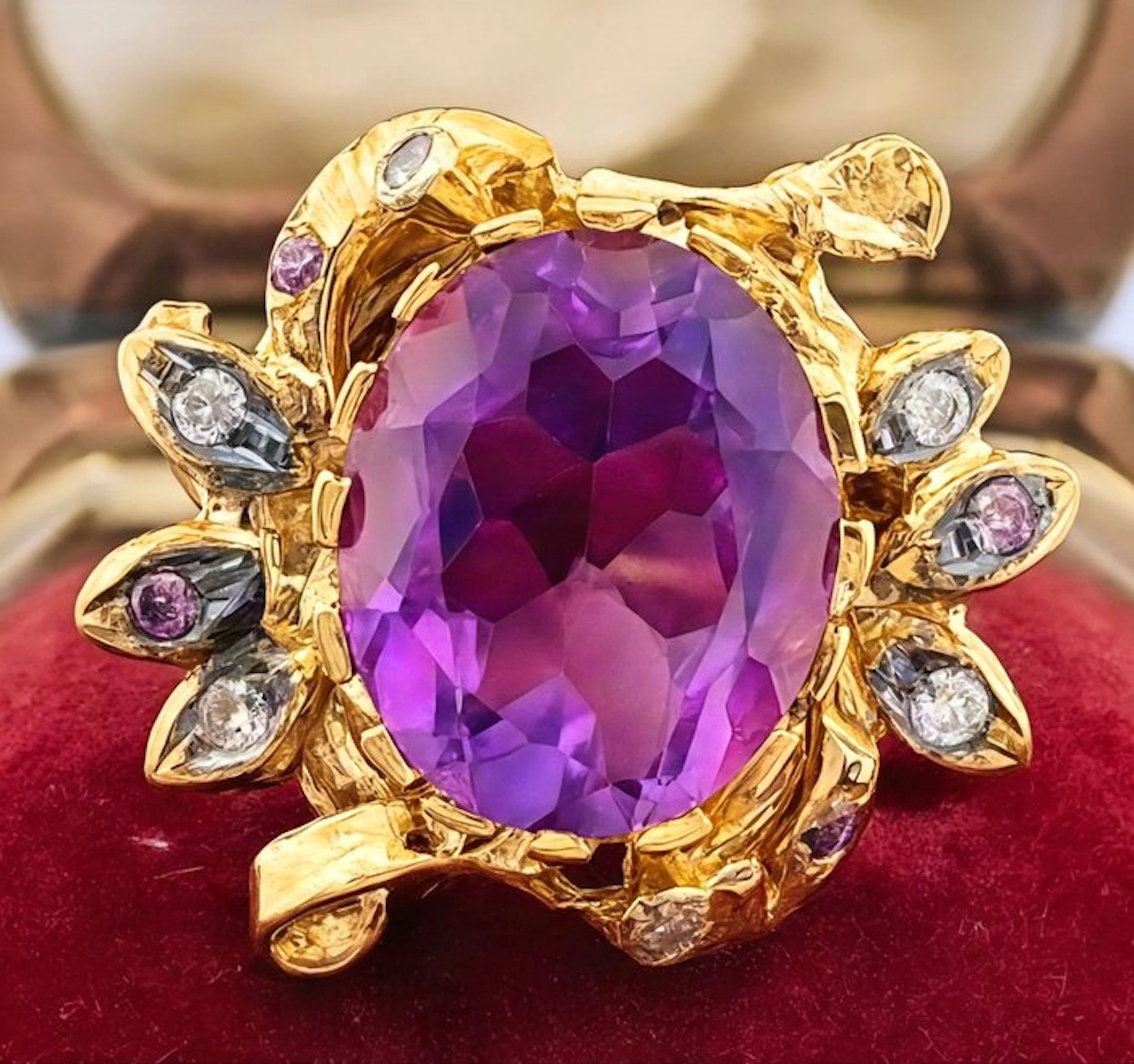 No reserve price - Ring - 9 kt. Yellow gold, Silver Amethyst - Diamond