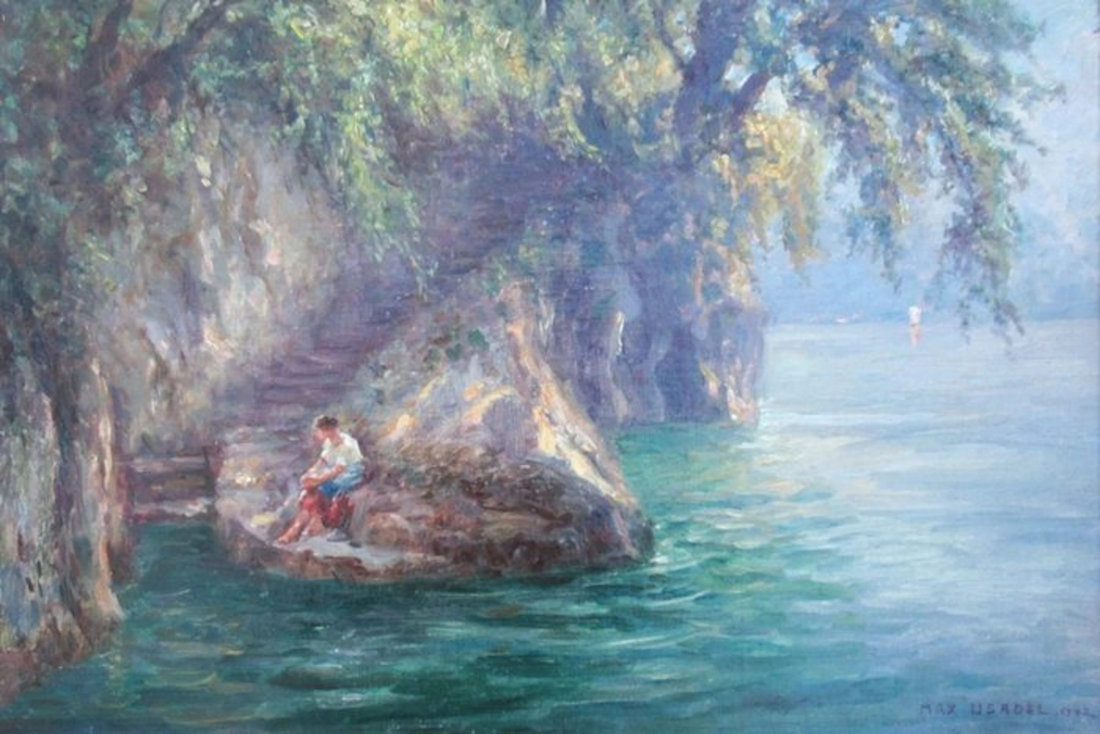 Max Usadel (1880-1950) - Uferlandschaft mit einer auf Steintreppe