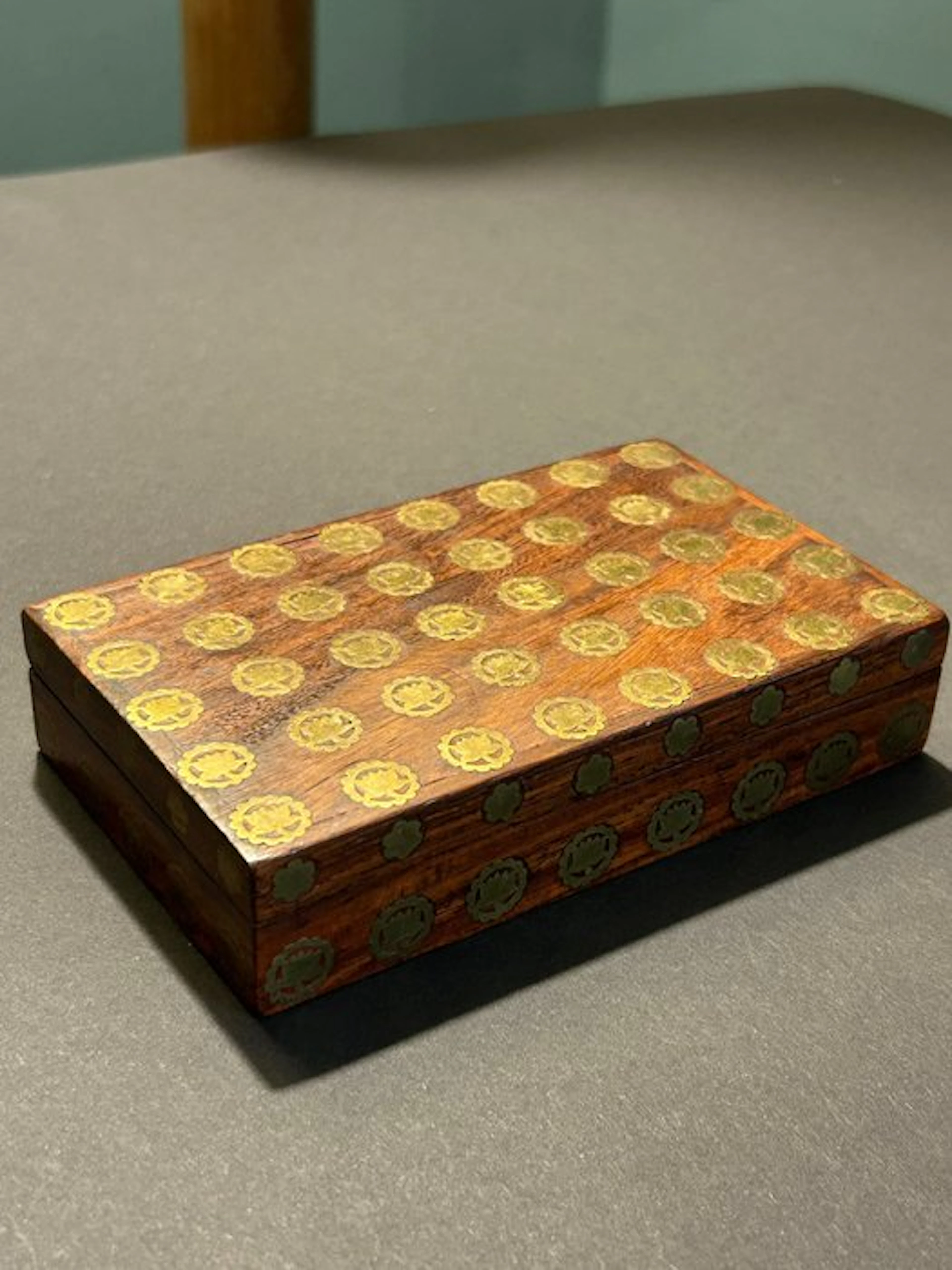 Box - Wood, Brass - Wooden box with floral metal decoration