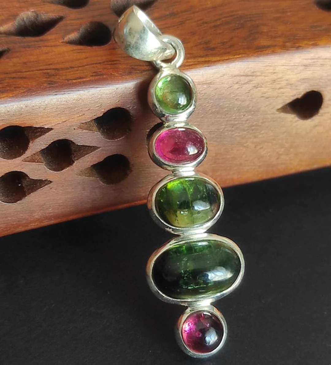 Pink and green tourmaline Sterling silver pendant...