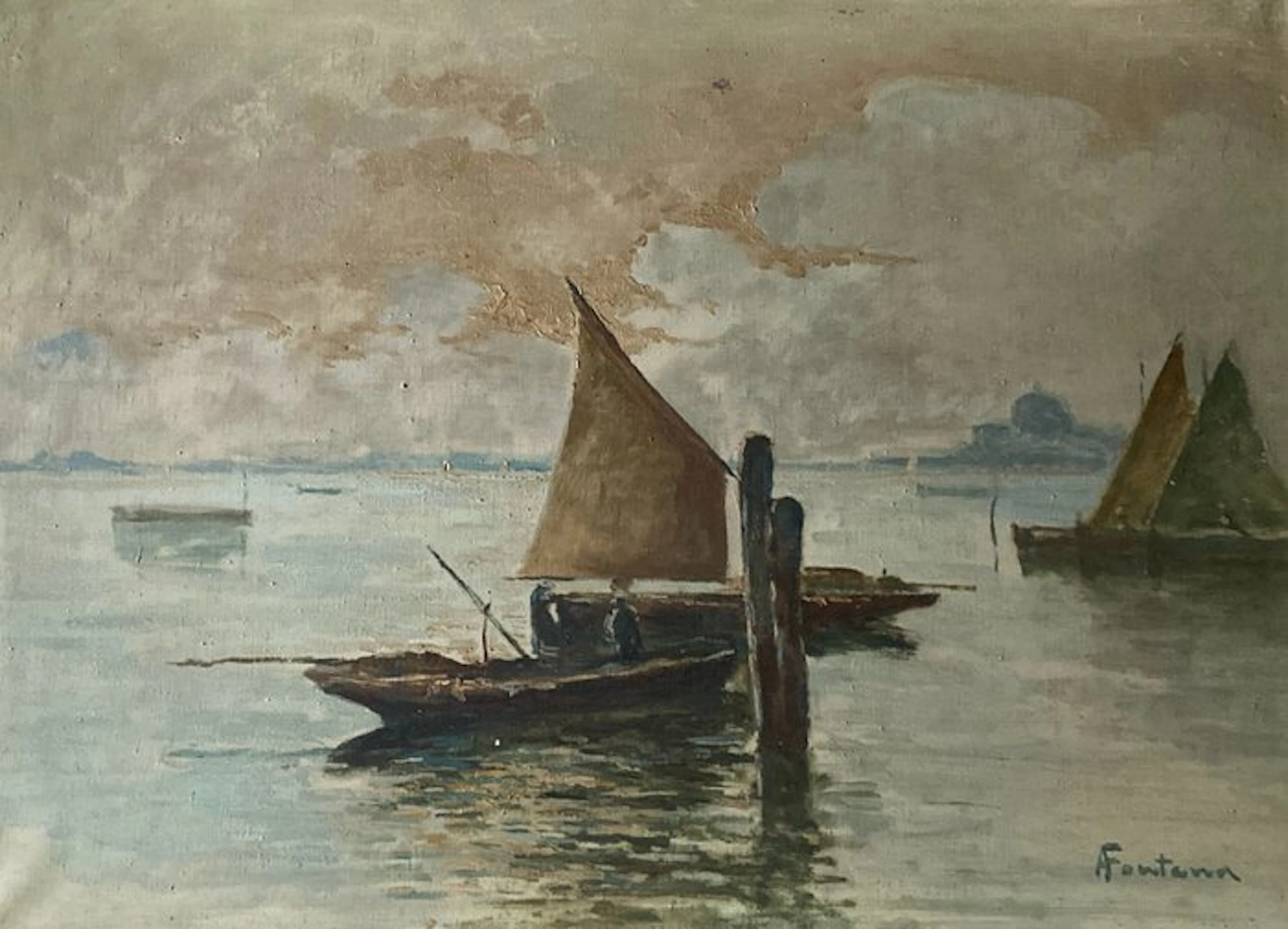 Scuola italiana (XIX-XX), firmato Fontana - Barca su laguna