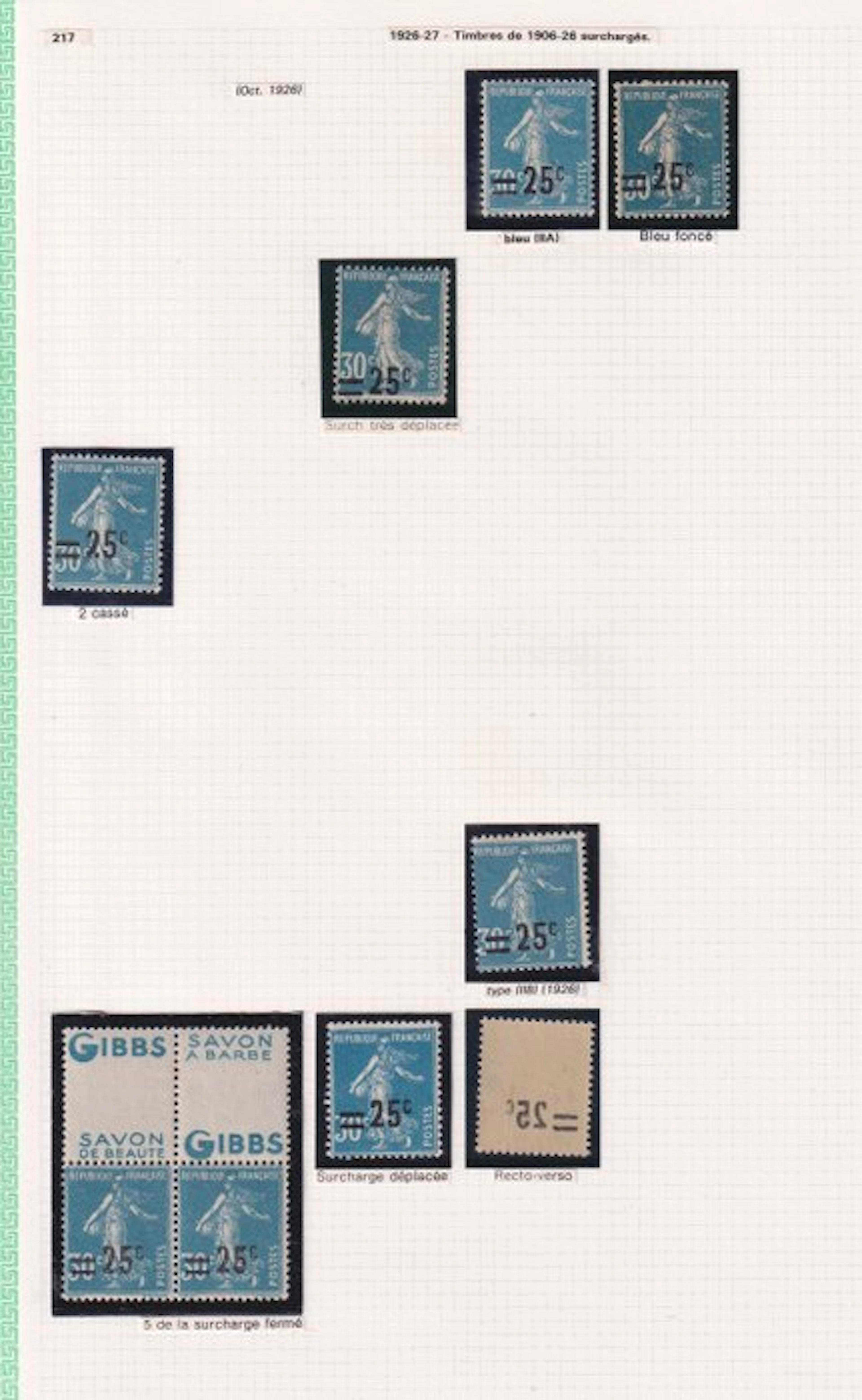 France 1926 - avec variétés; étude sur la série surchargé - Yvert n°217 à 228