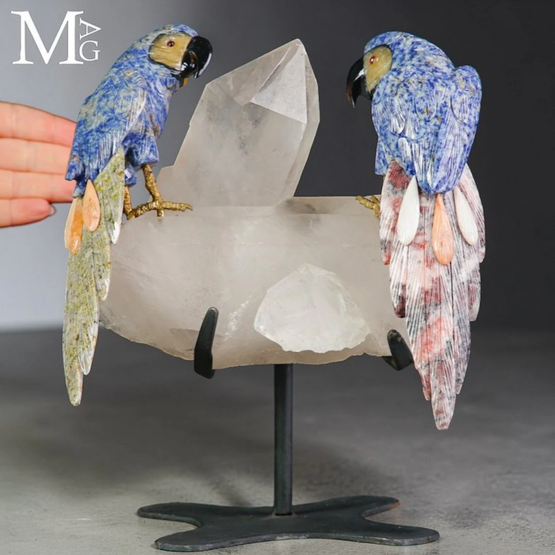Artistically Carved Blue Sodalite Parrots on a Large...