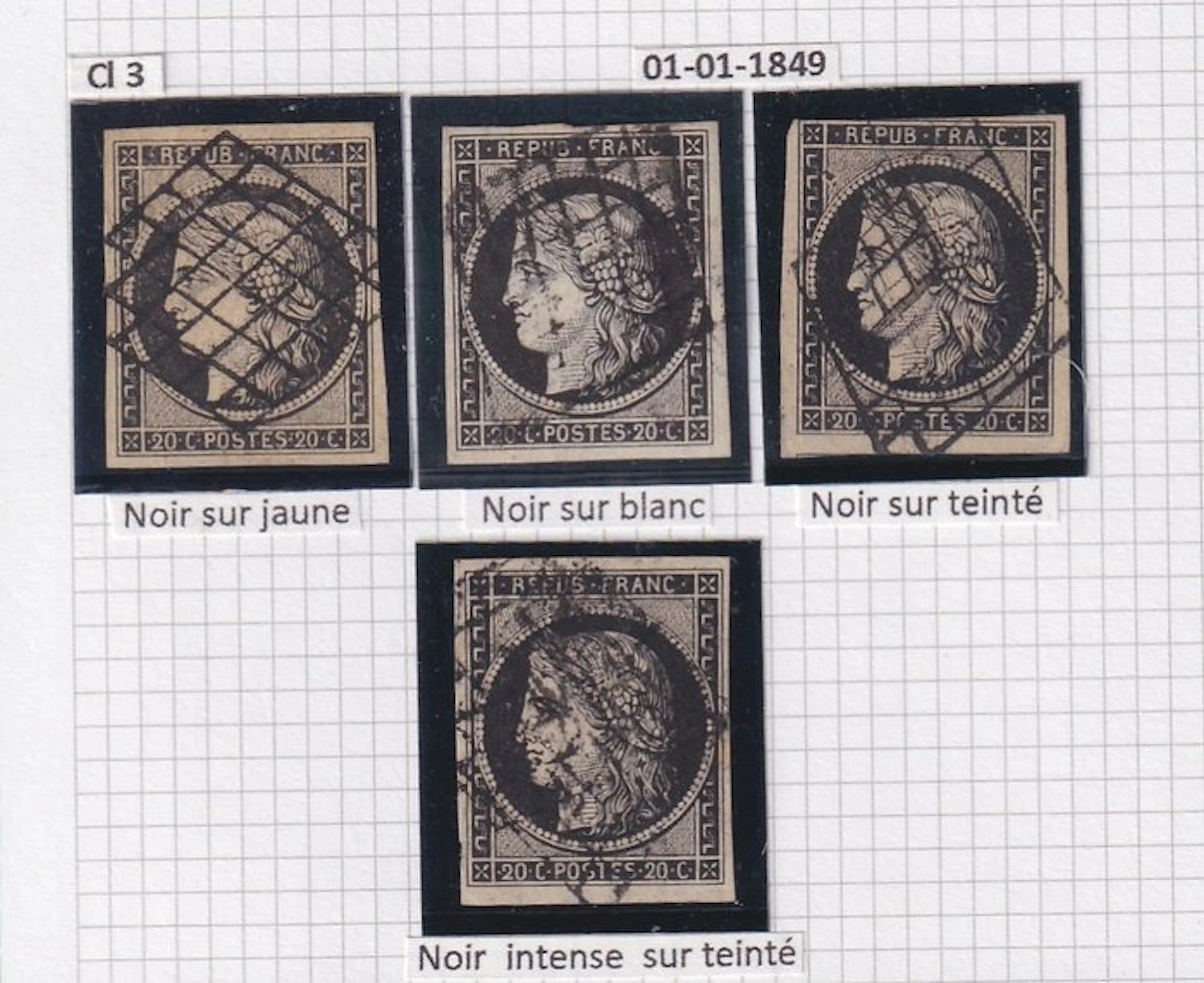 France 1849 - différentes teintes du 20ct cérès - Yvert n°3