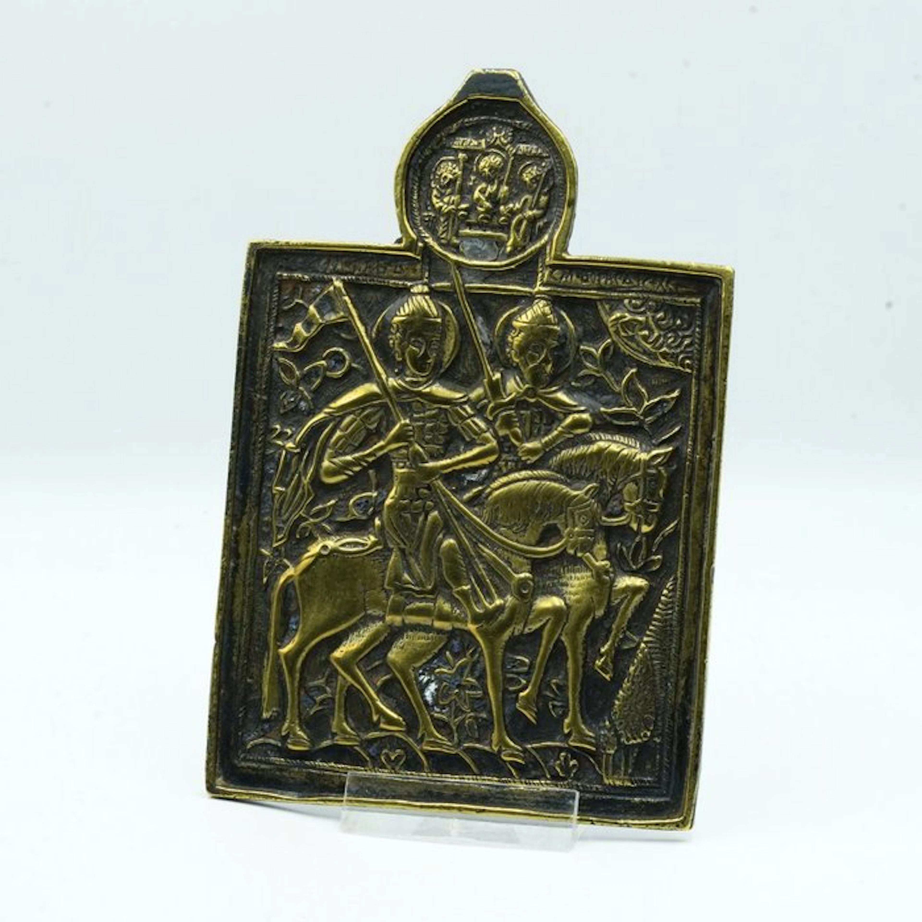 Icon - Saints Florus and Laurus on horseback. - Brass