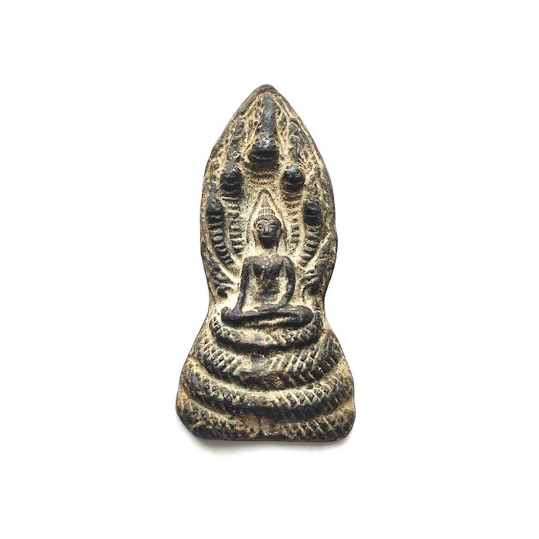 Ancient Indochinese Mixed Metal XS Sitting Buddha on Naga...