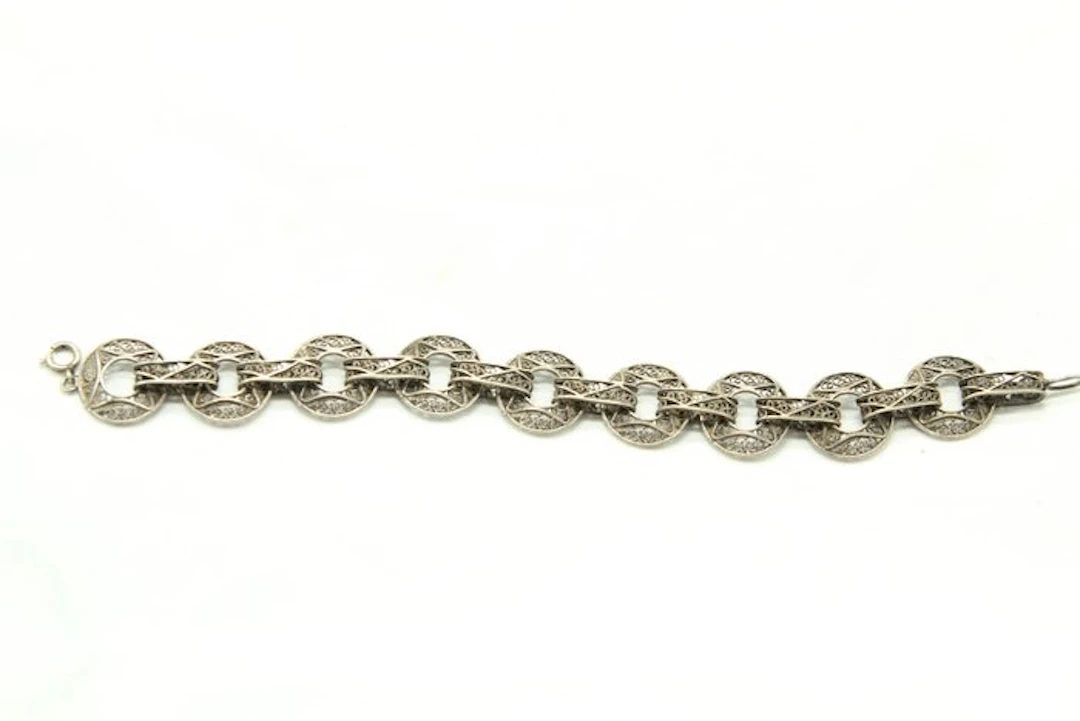 Vintage Filigree Link Bracelet – Silver-Tone Metal – 19g...