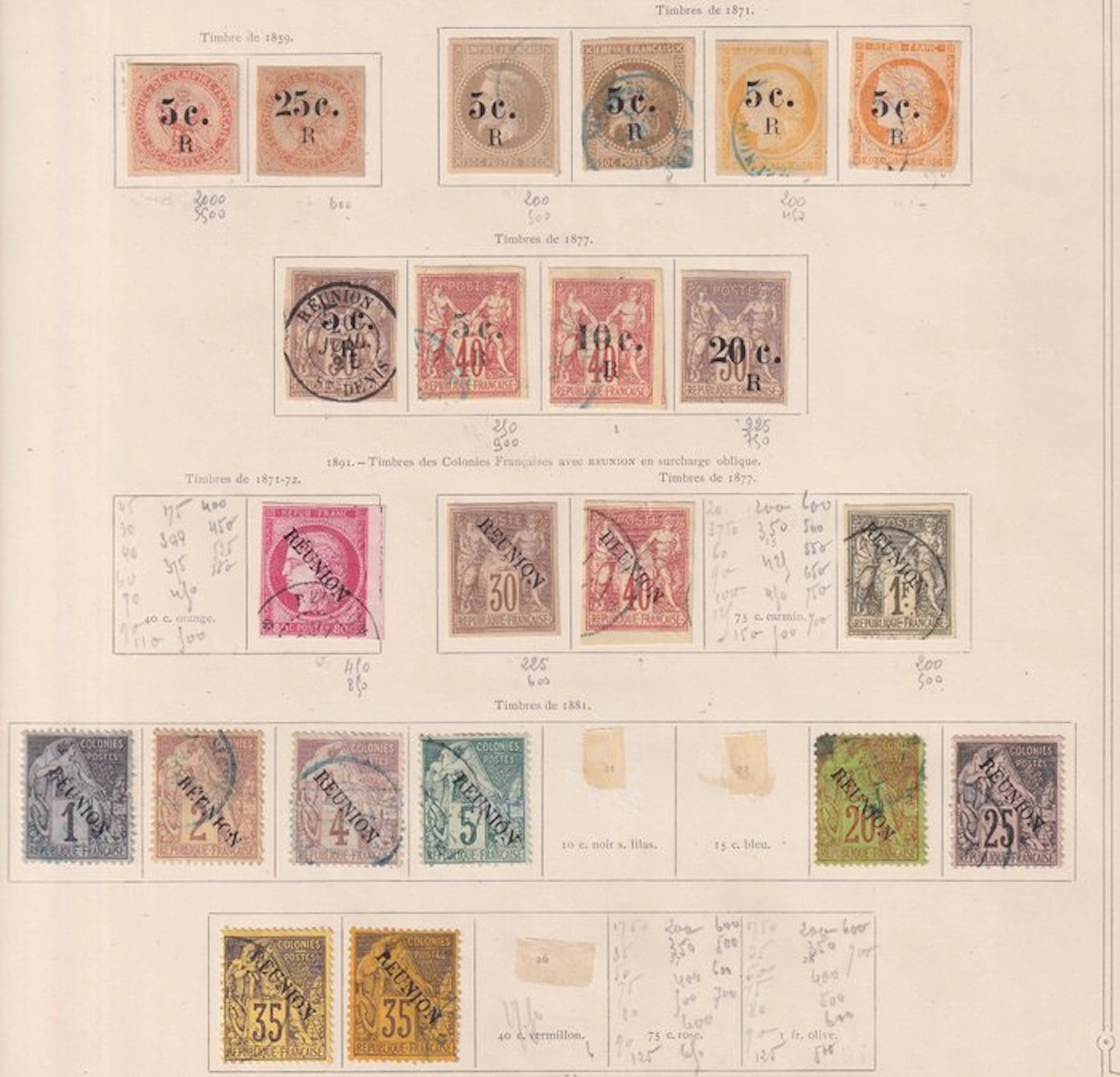 Réunion 1885 - cote 1830€, collection avancée de timbres - Yvert n°3 à 25a