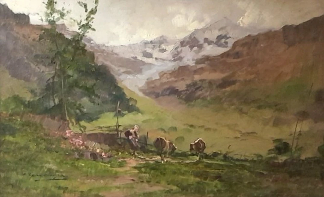 Cesare Gheduzzi (1894-1944) - Paesaggio alpino con pastorella e mucche