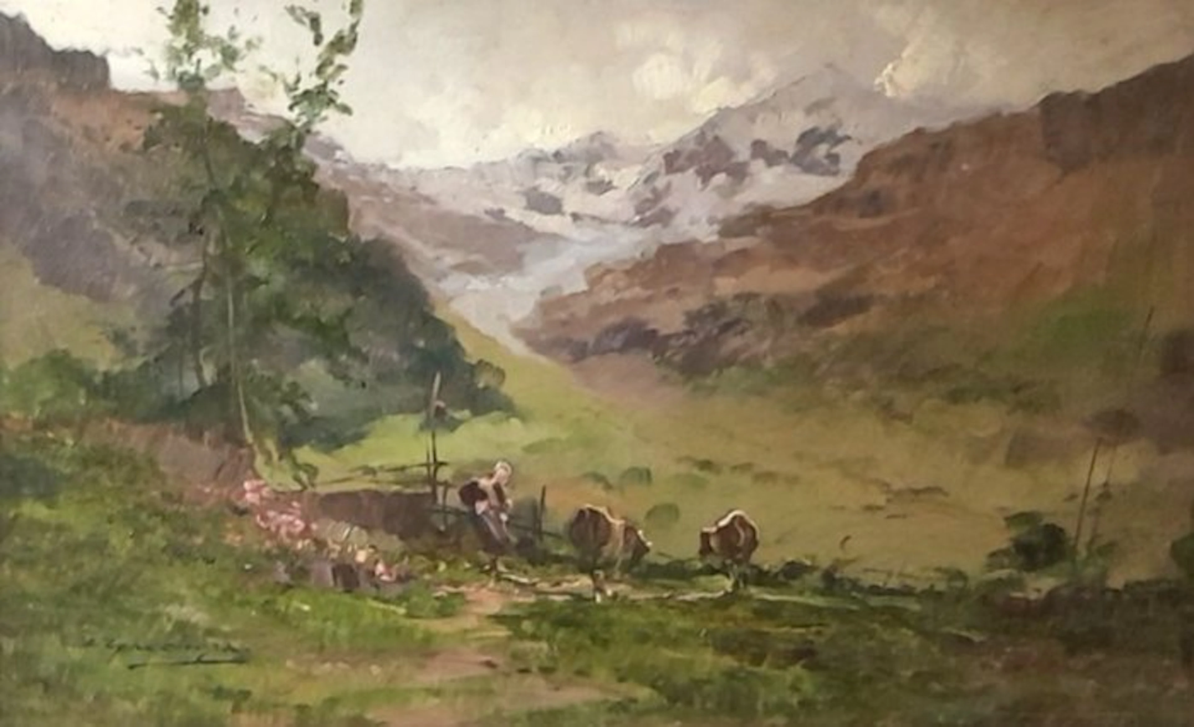 Cesare Gheduzzi (1894-1944) - Paesaggio alpino con pastorella e mucche