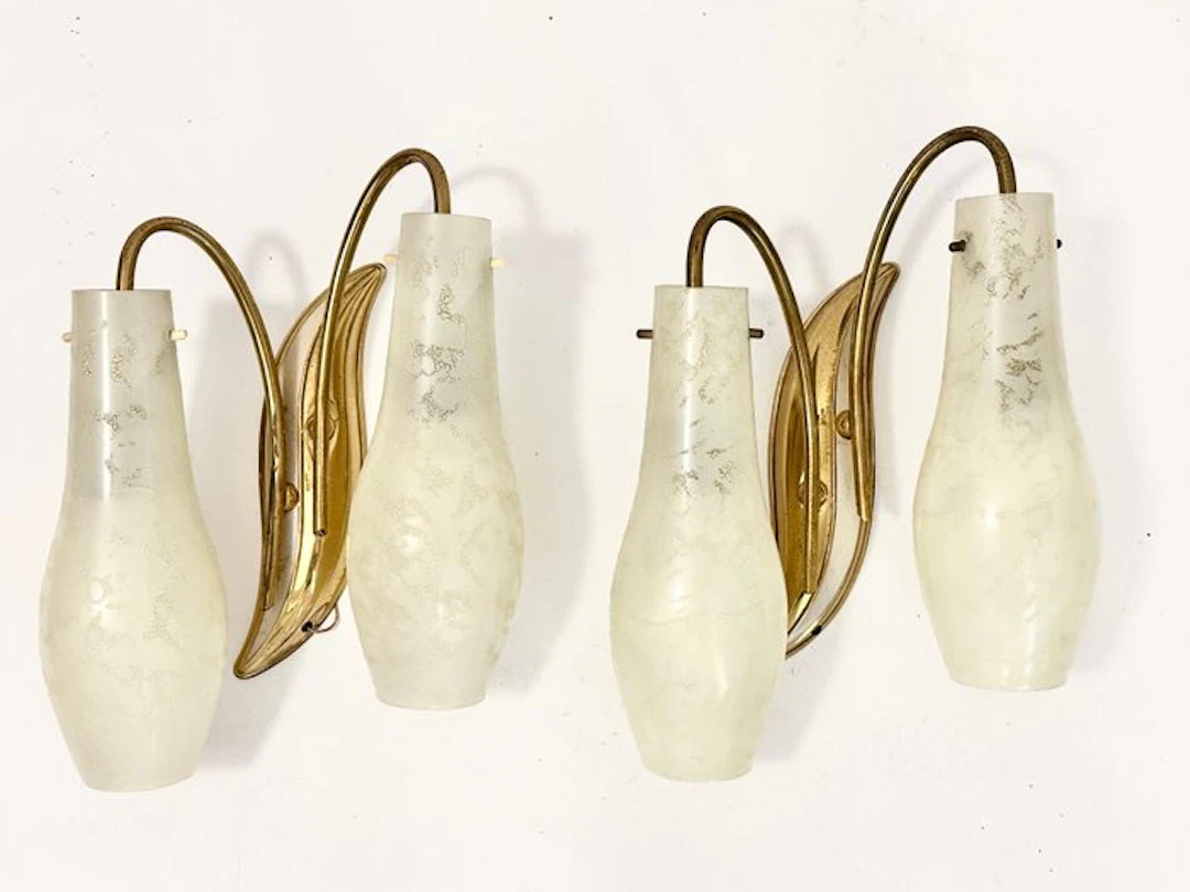 Wall lamp - Glass, Brass - A pair of wall lights