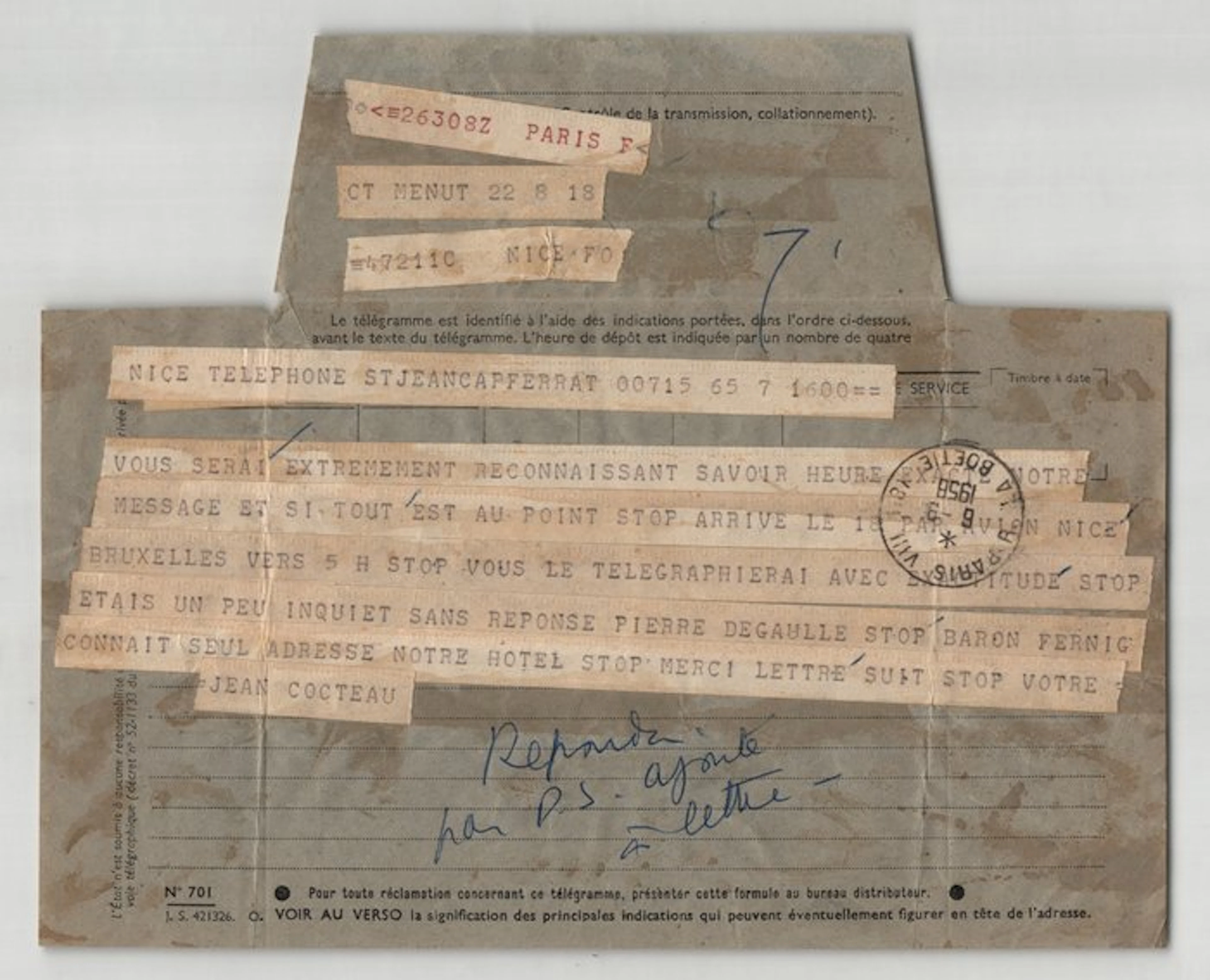 Jean Cocteau - Télégramme à Simone Menut - Pierre de Gaulle et Bruxelles - 1958